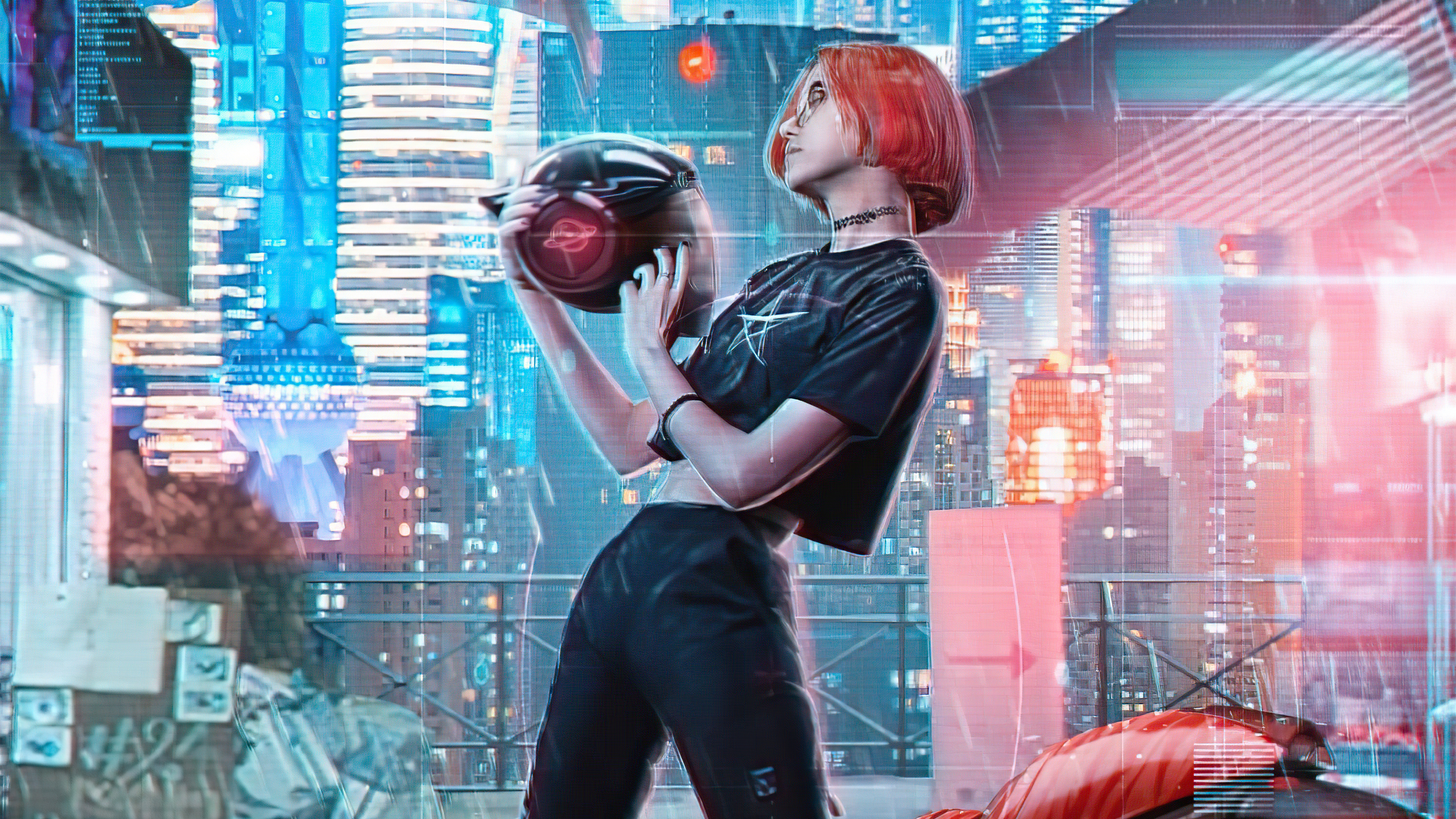 Cyberpunk artwork of a woman holding a helmet HD Wallpaper
