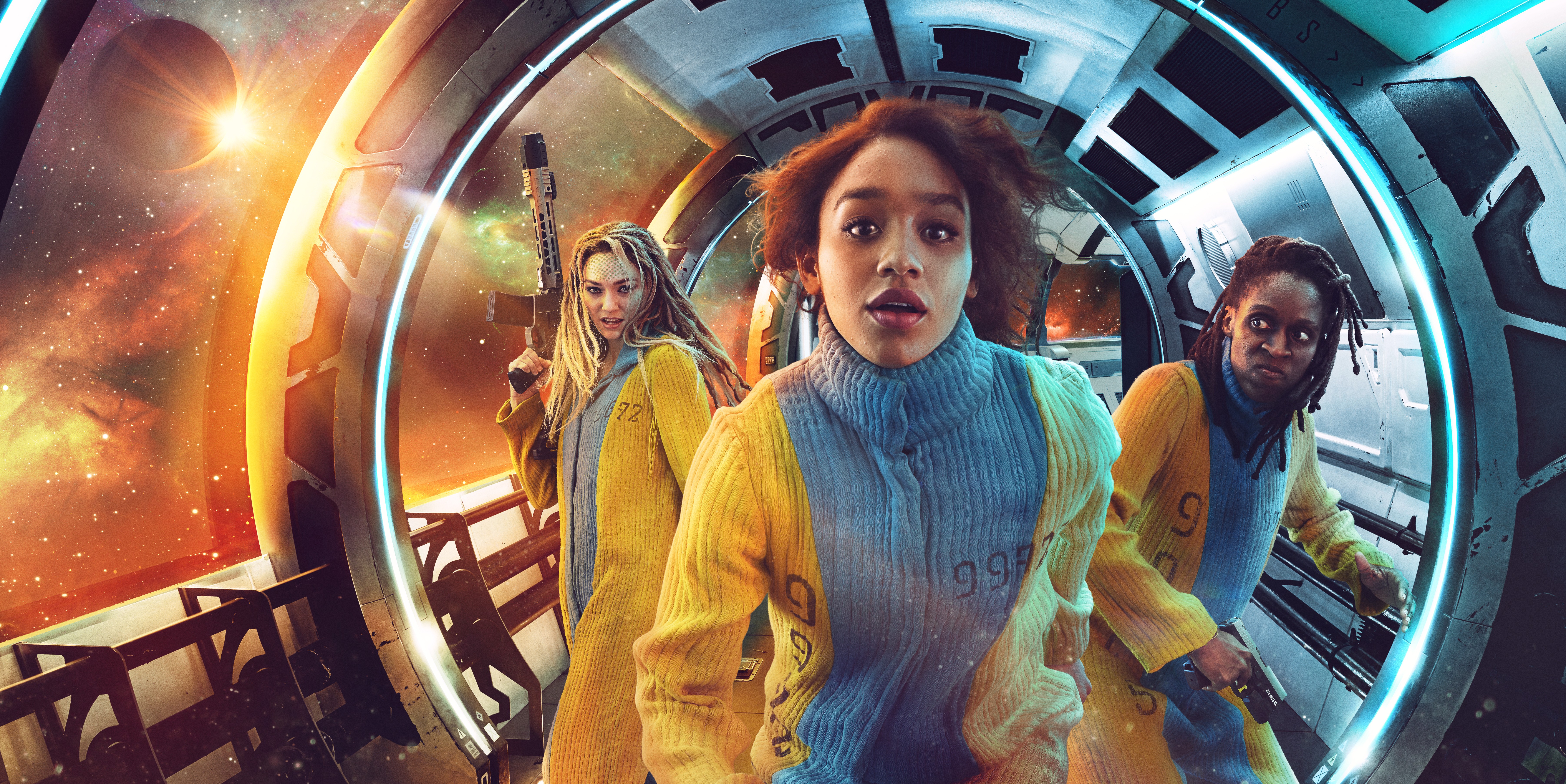 Three women in a spaceship corridor HD Wallpaper
