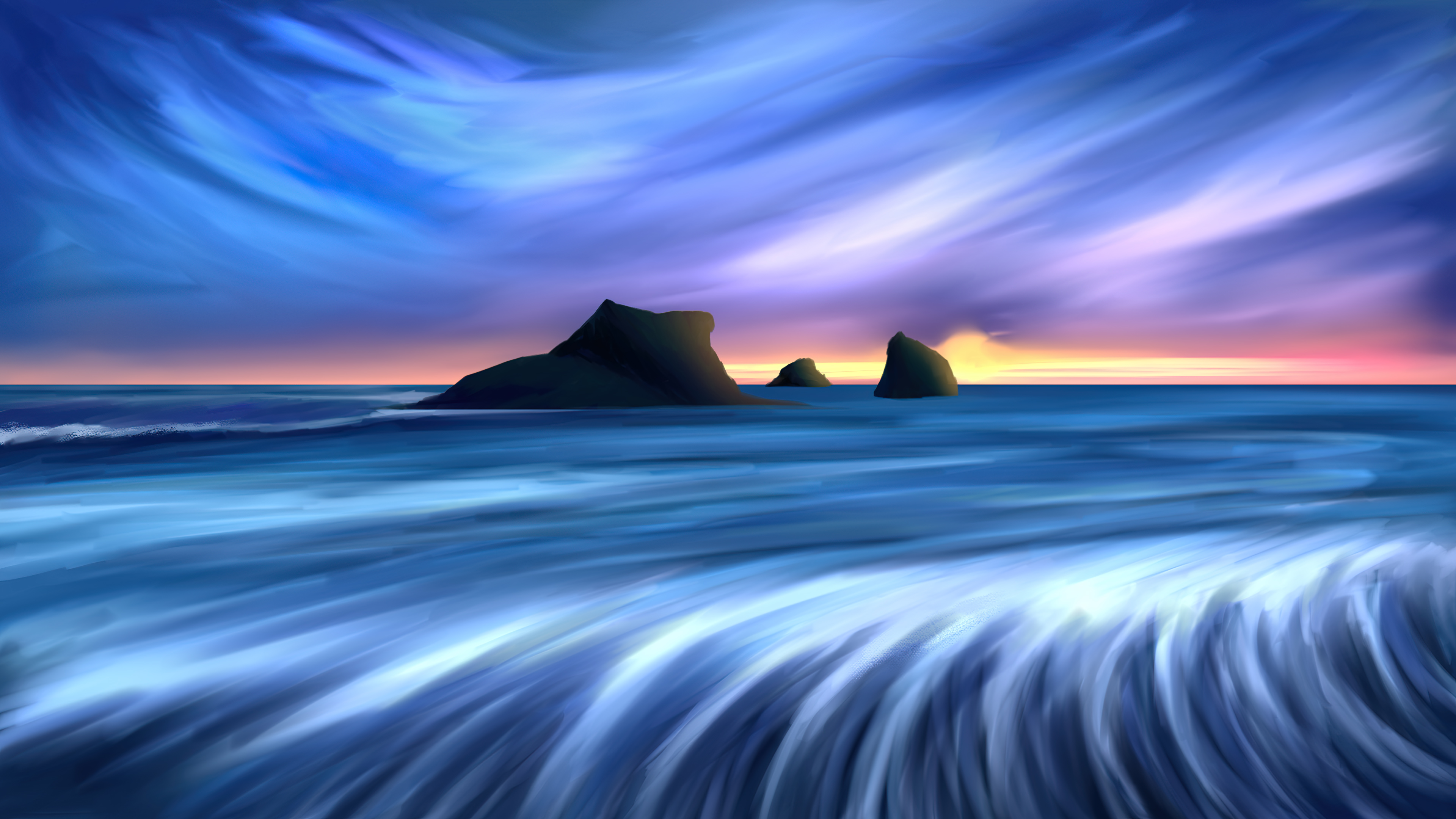 Digital Art of Ocean Waves and Islands at Sunset HD Wallpaper