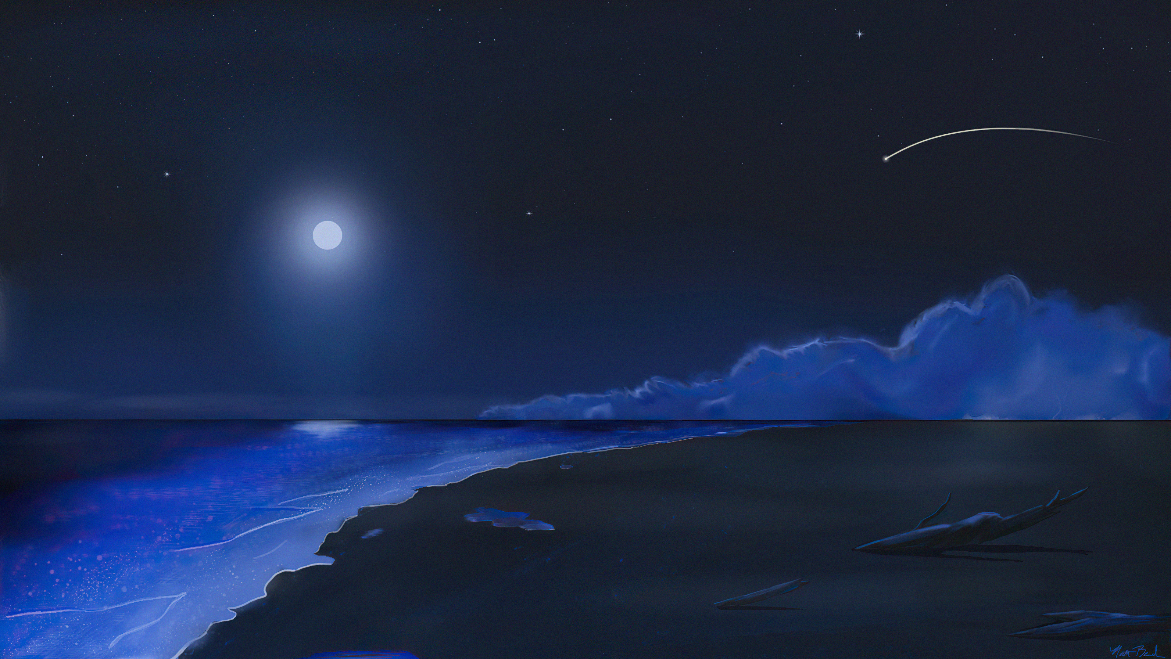 Night Beach with Moon and Shooting Star HD Wallpaper