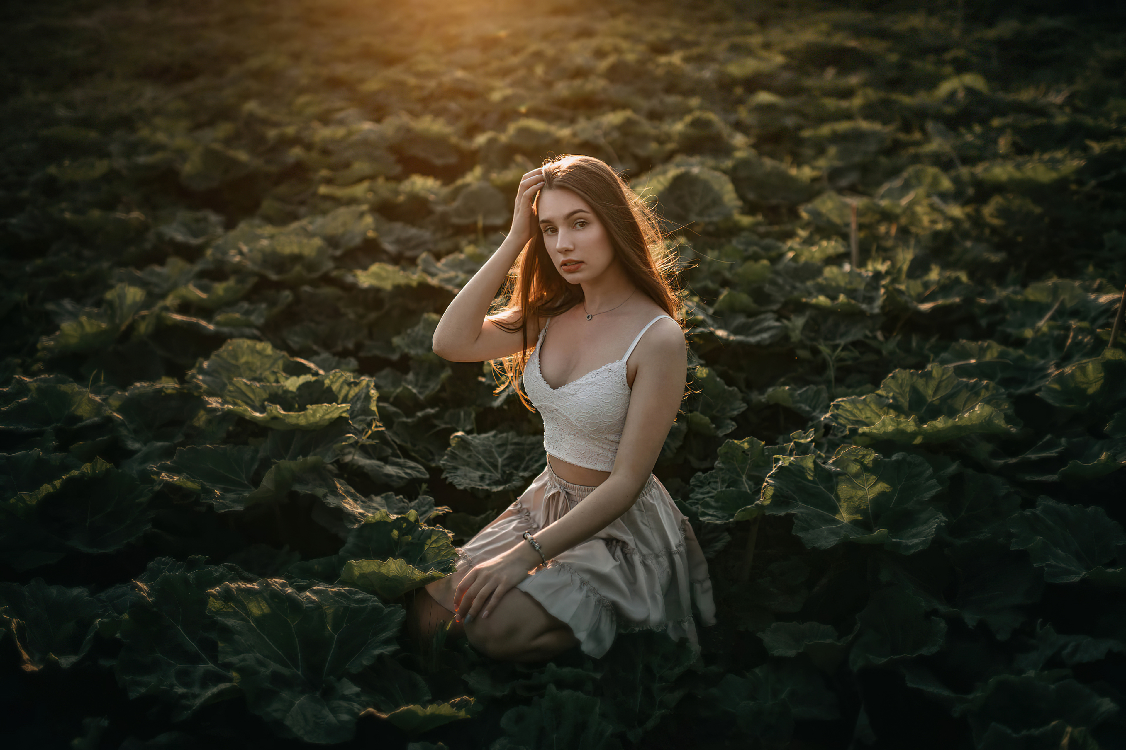 Young woman in a field at sunset HD Wallpaper