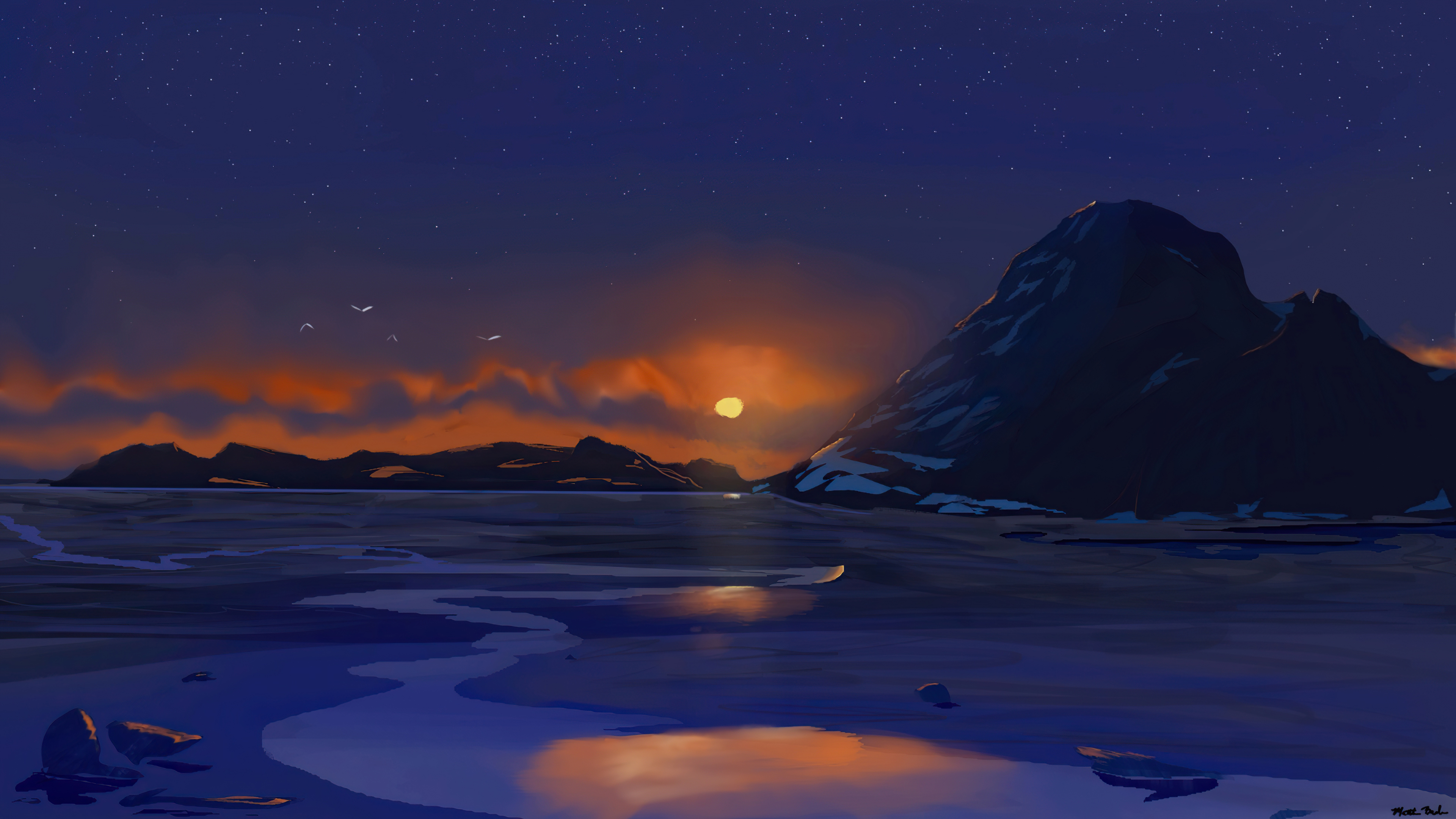 Digital art of a sunset over a frozen landscape HD Wallpaper