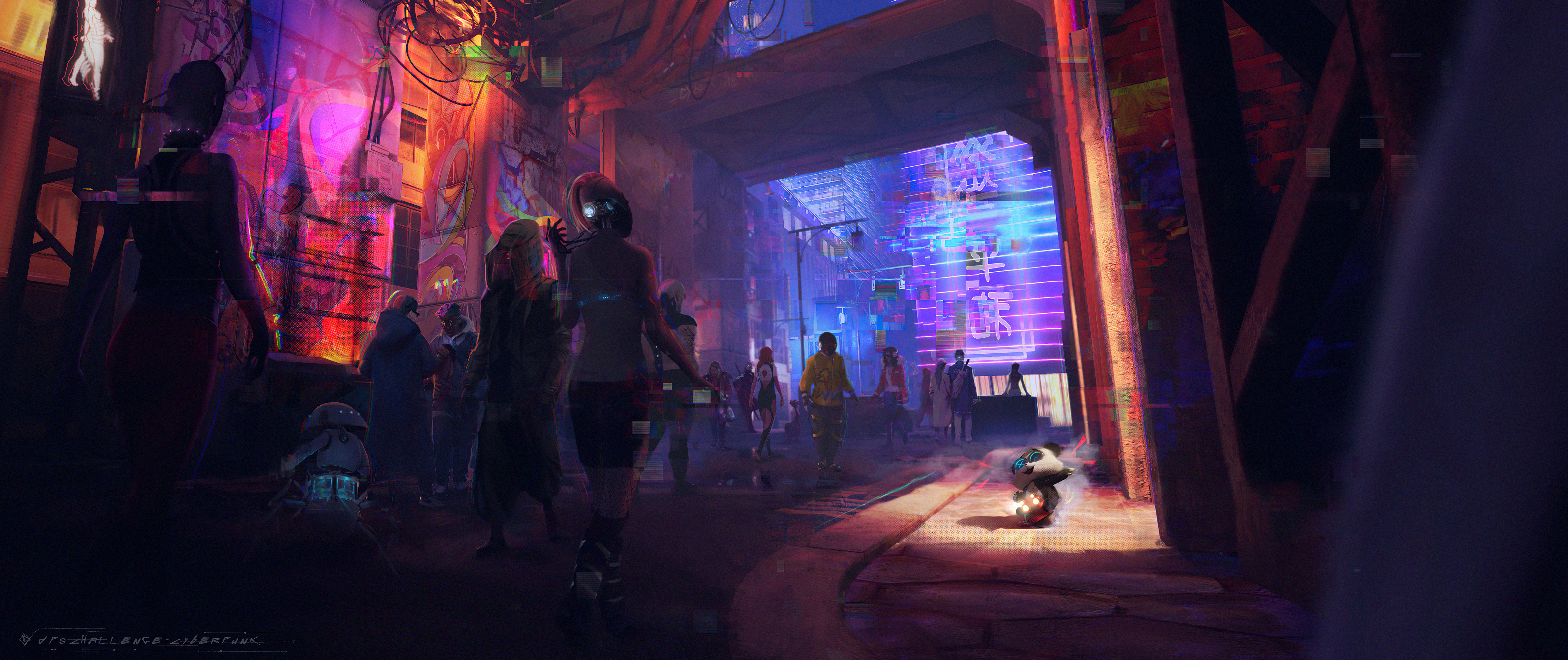 Cyberpunk street scene with people and robots HD Wallpaper