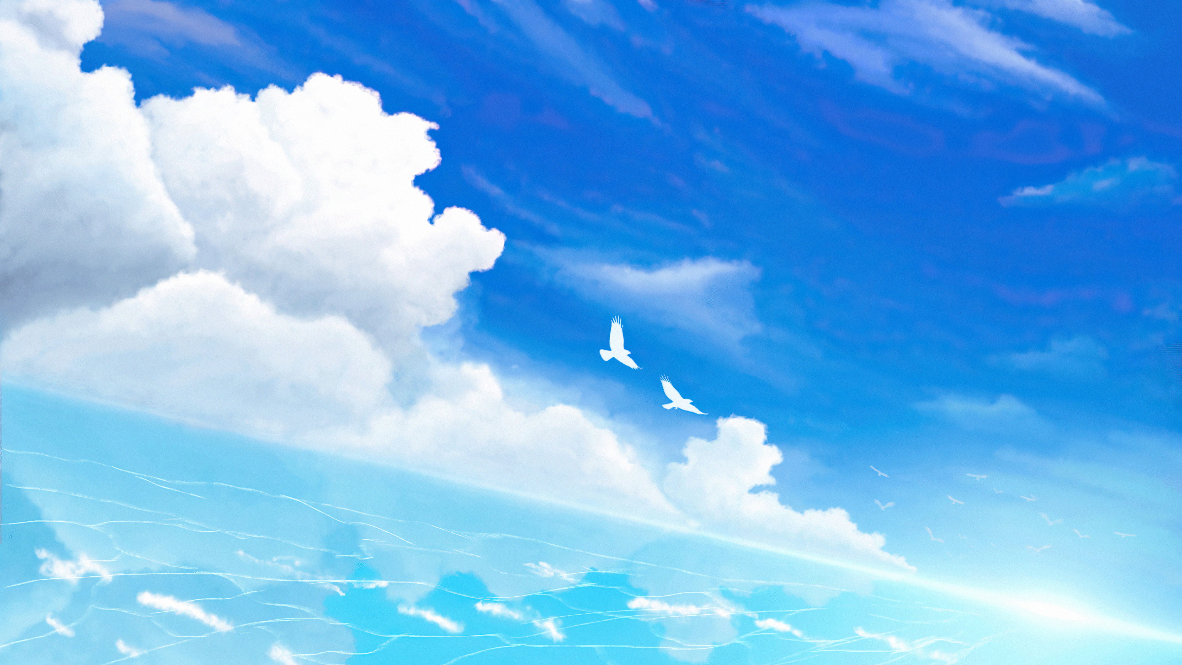 Digital art of birds flying over the ocean HD Wallpaper