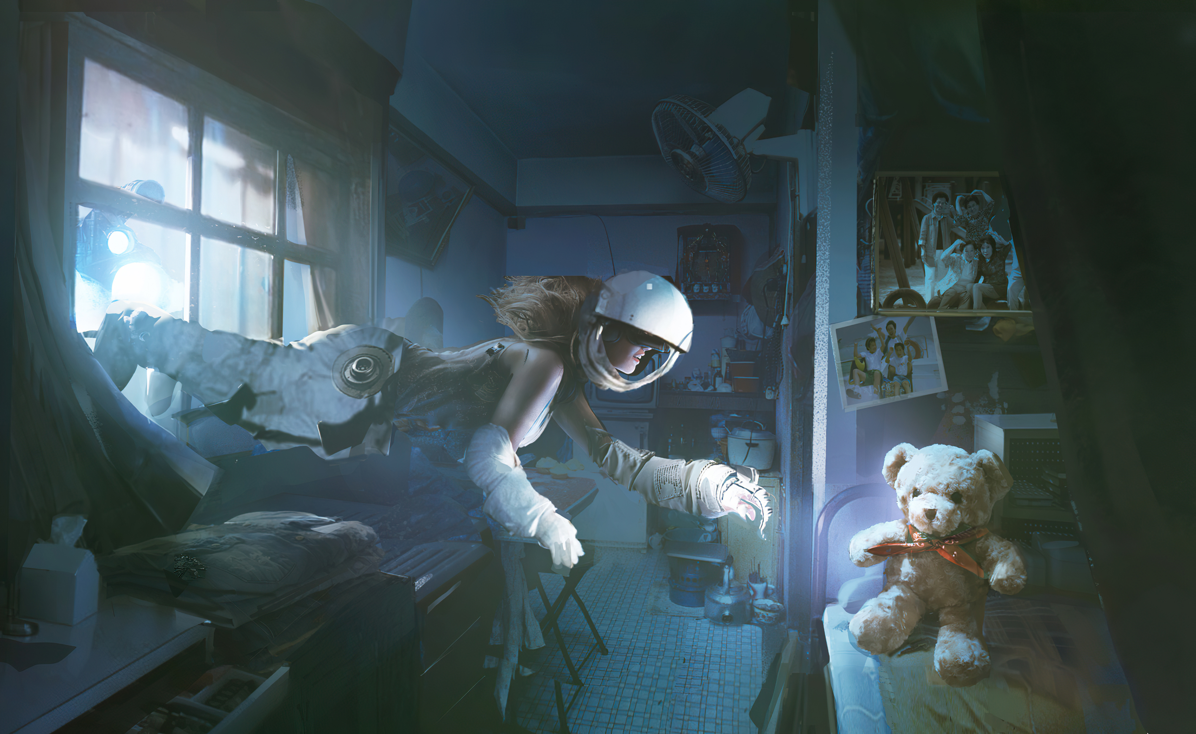 Astronaut in a room with a teddy bear HD Wallpaper