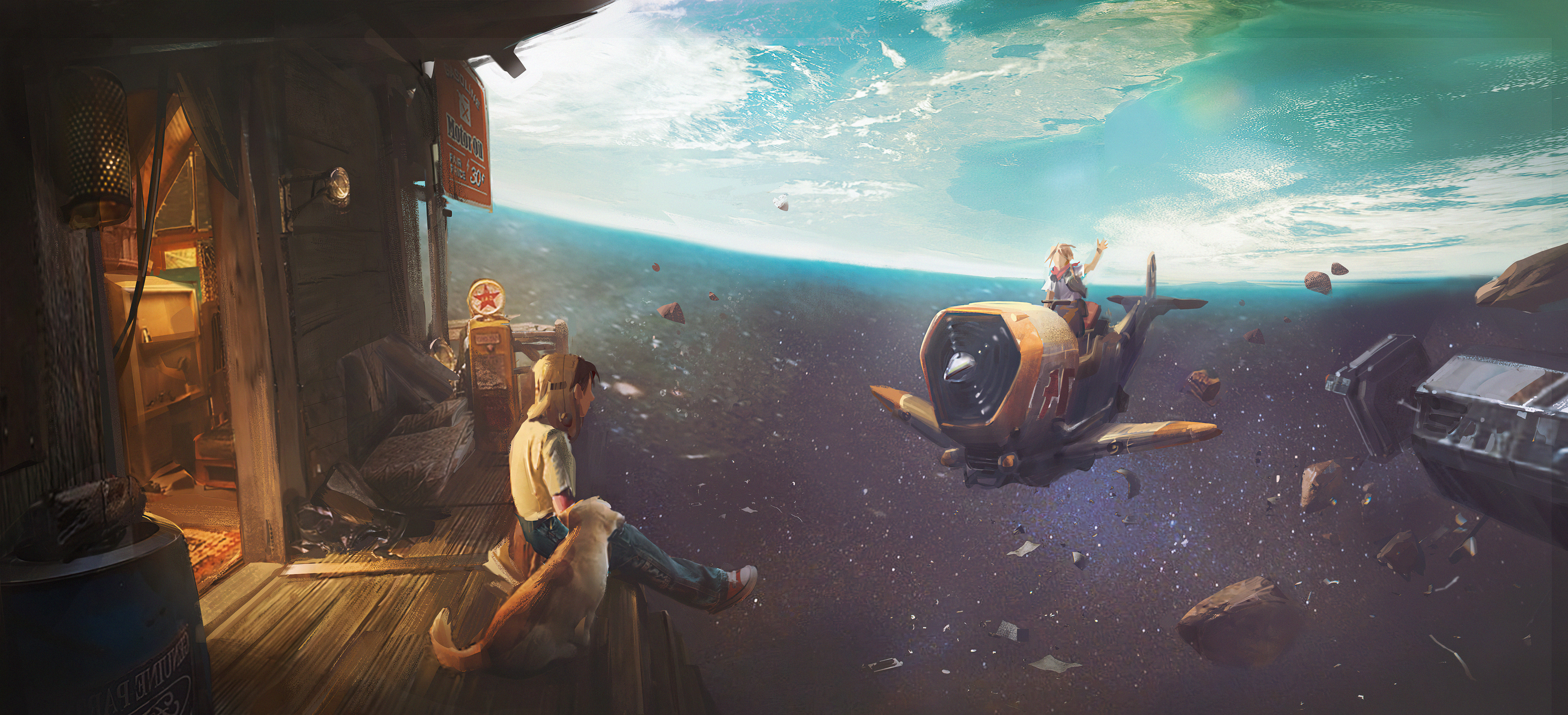 Children in a spaceship overlooking Earth HD Wallpaper