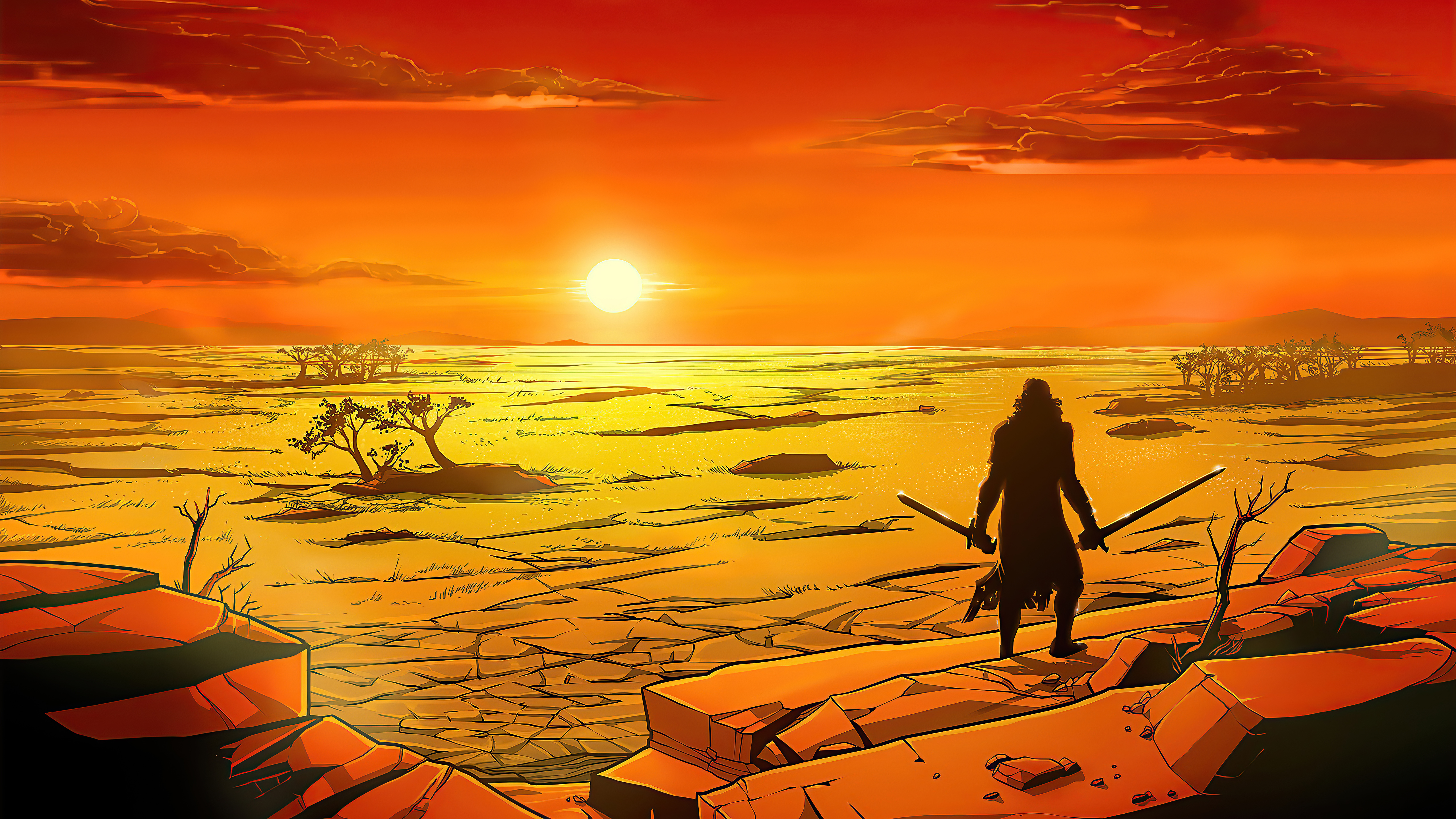 Warrior with swords in desert at sunset HD Wallpaper