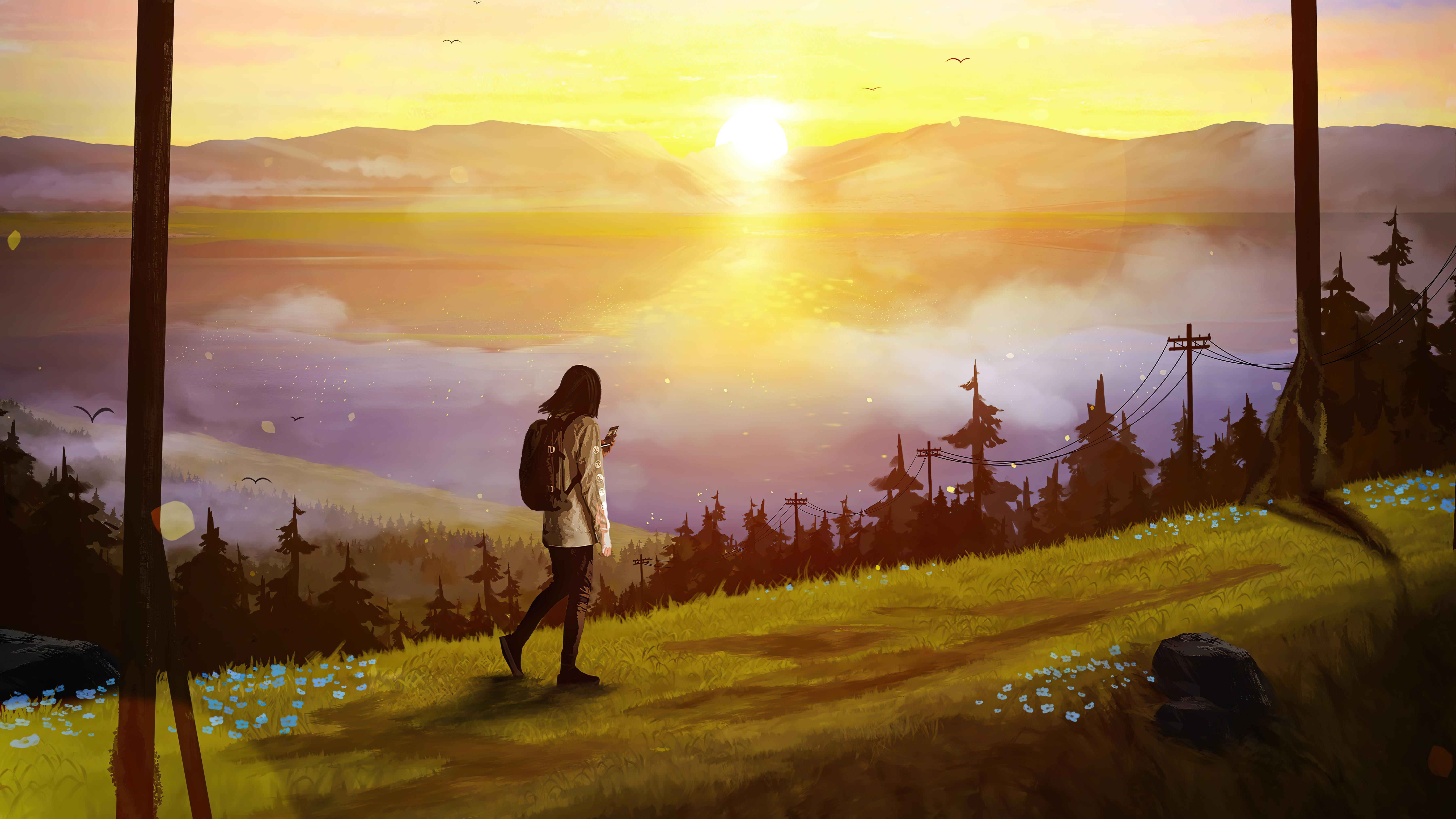 Artwork of a person walking on a hill at sunset HD Wallpaper