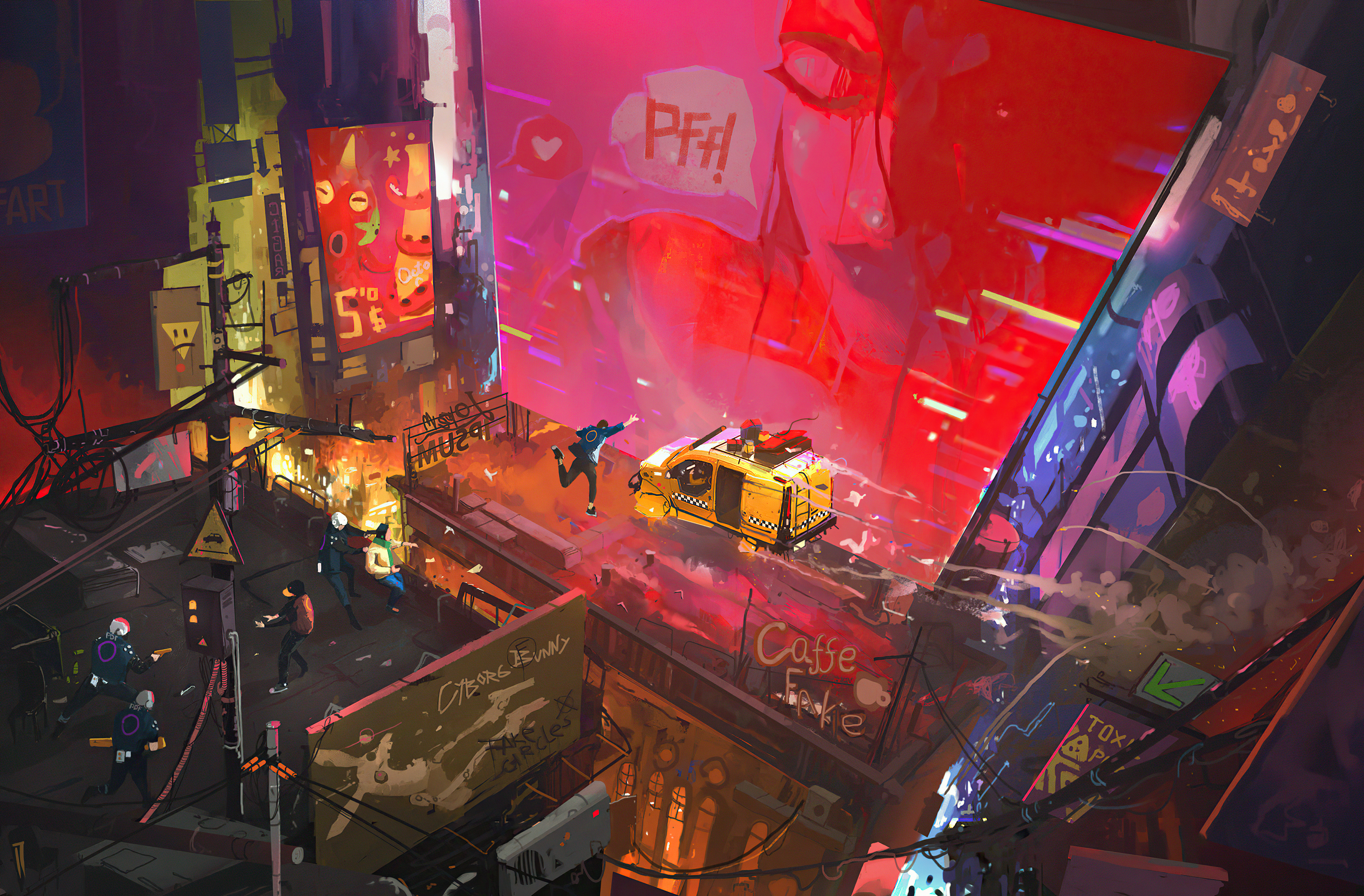Cyberpunk Cityscape with Yellow Taxi and Police HD Wallpaper