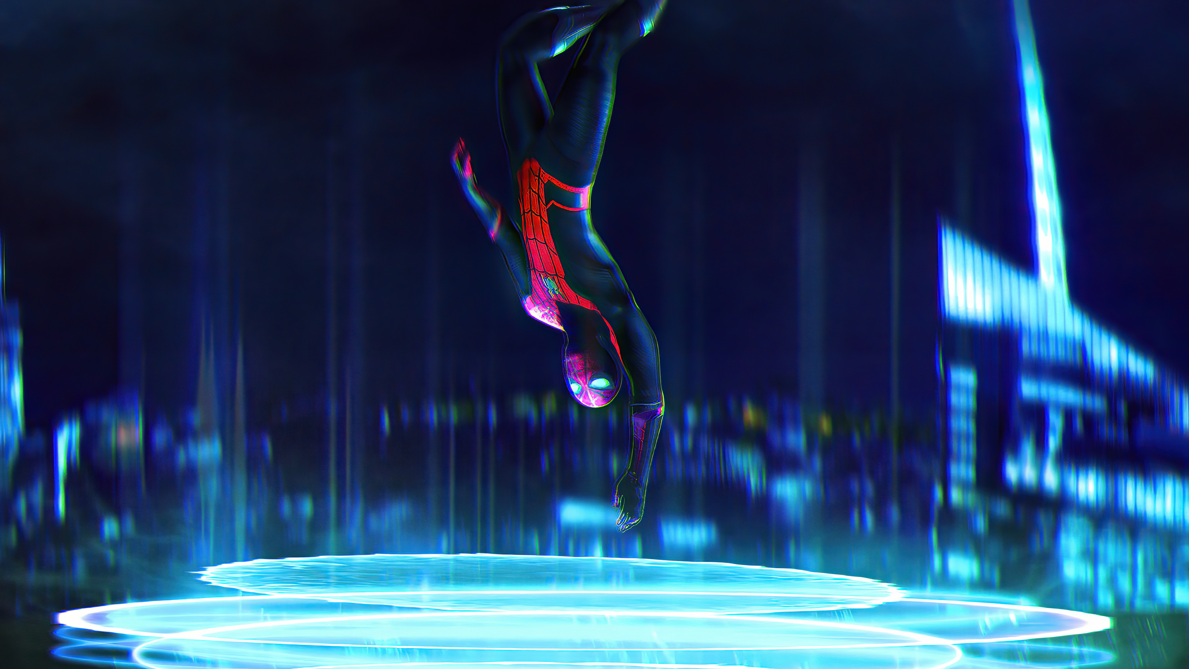 Spider-Man diving into a futuristic city HD Wallpaper