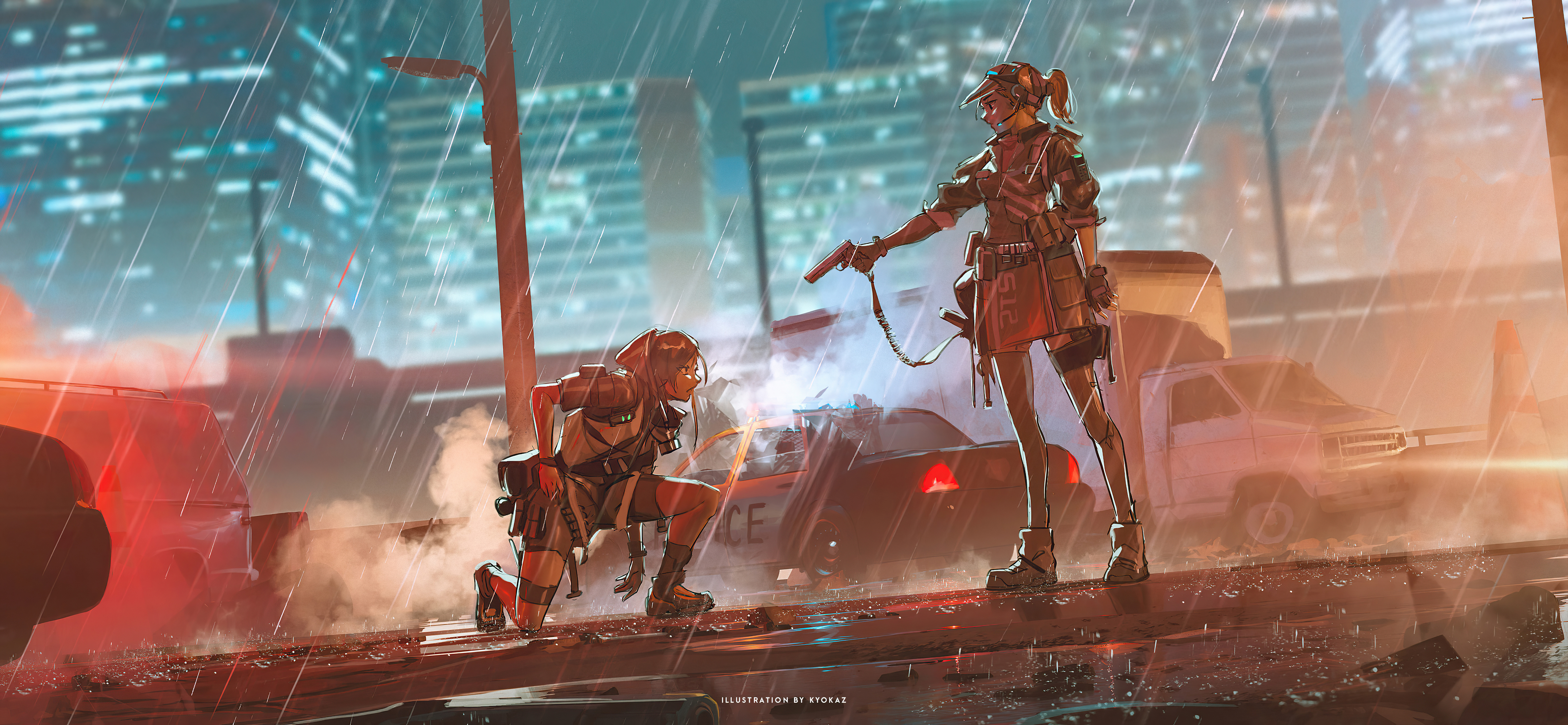 Two women in tactical gear in a rainy cyberpunk city HD Wallpaper