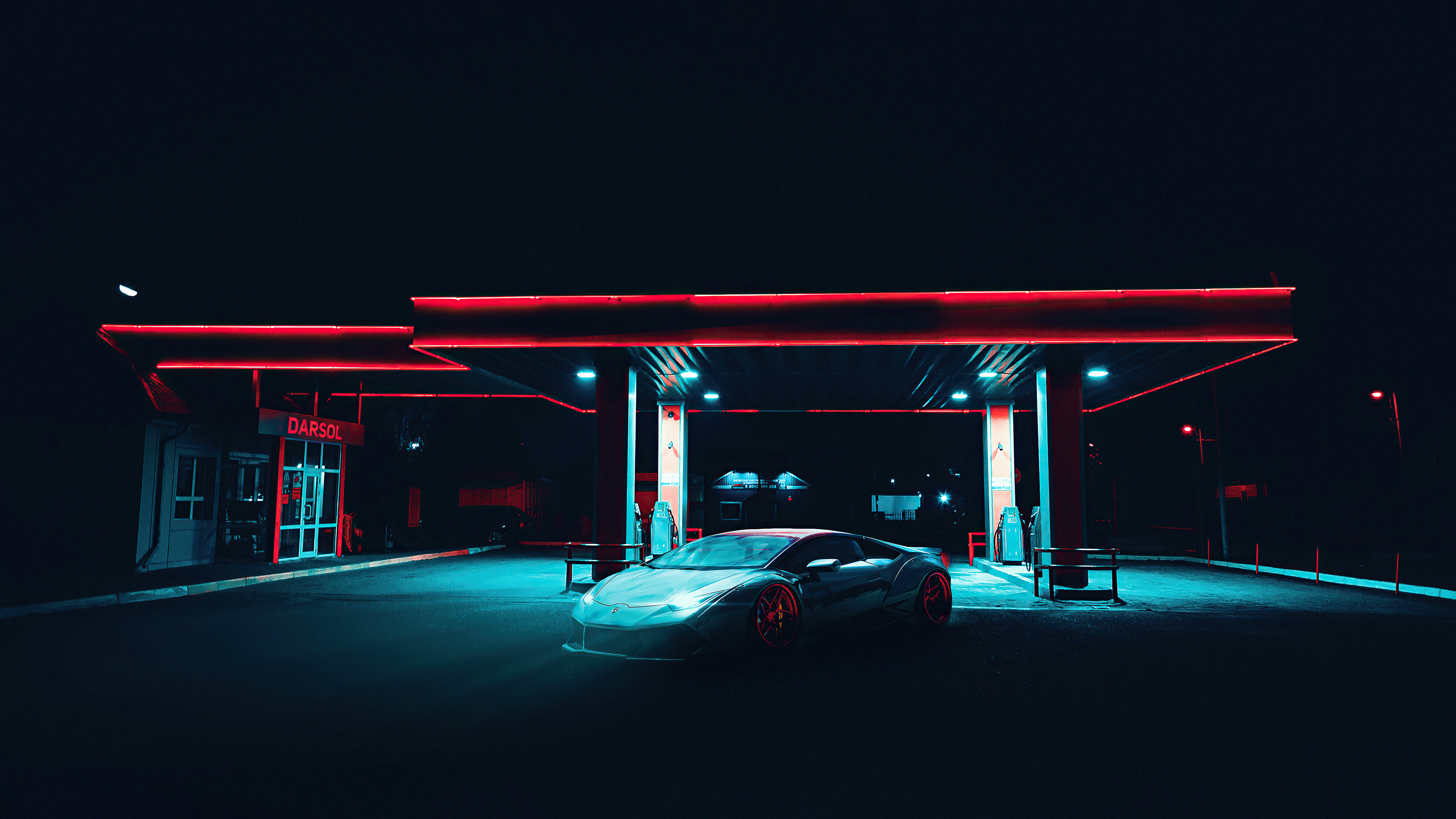 Lamborghini at a Darsol gas station at night HD Wallpaper