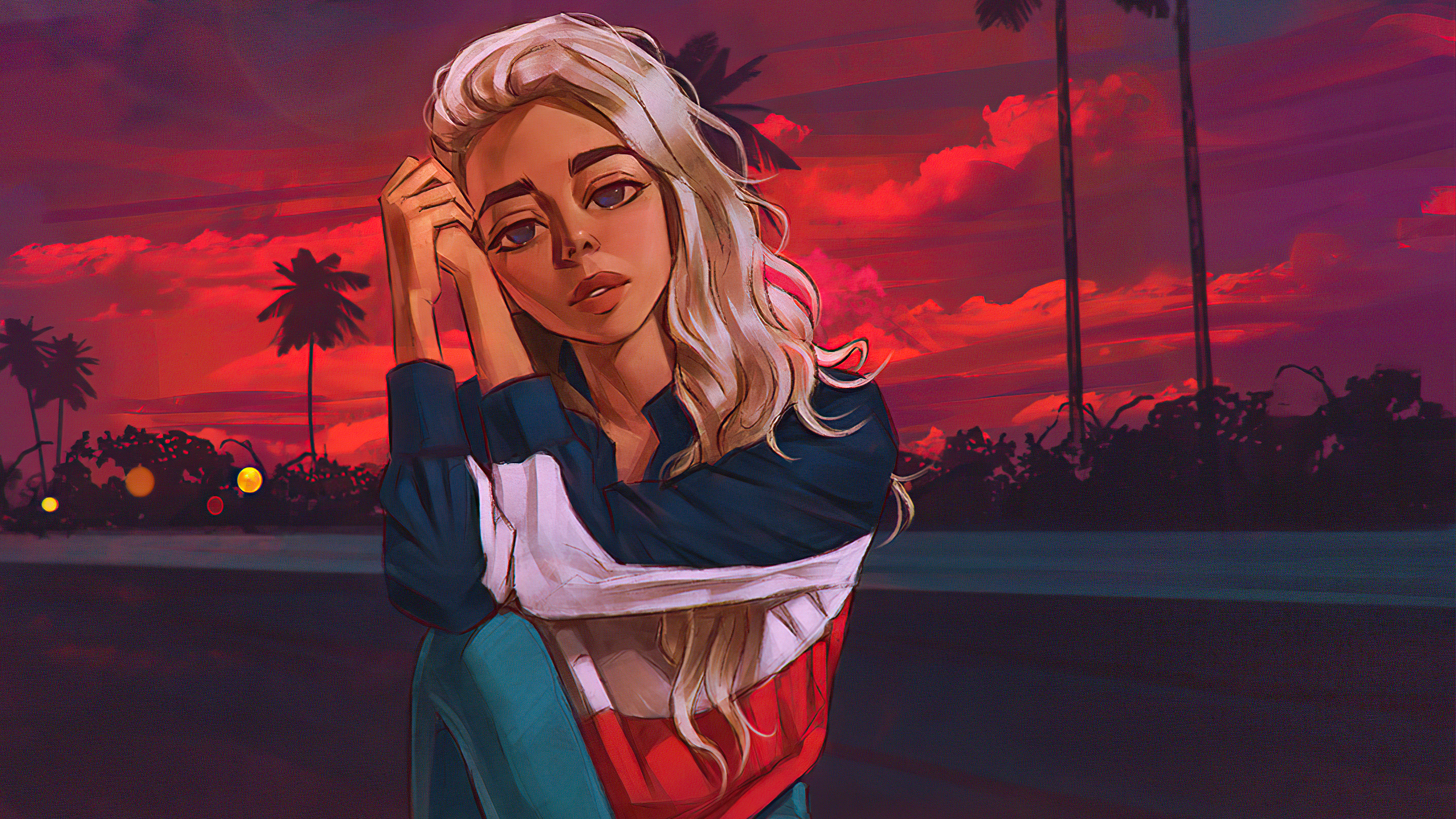 Artwork of a woman with blonde hair at sunset HD Wallpaper