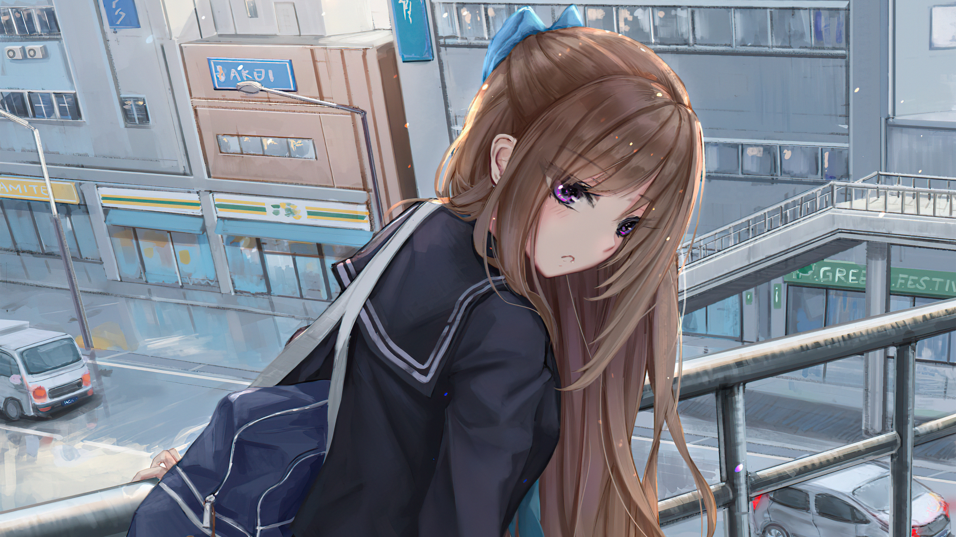 Anime girl with brown hair and purple eyes HD Wallpaper