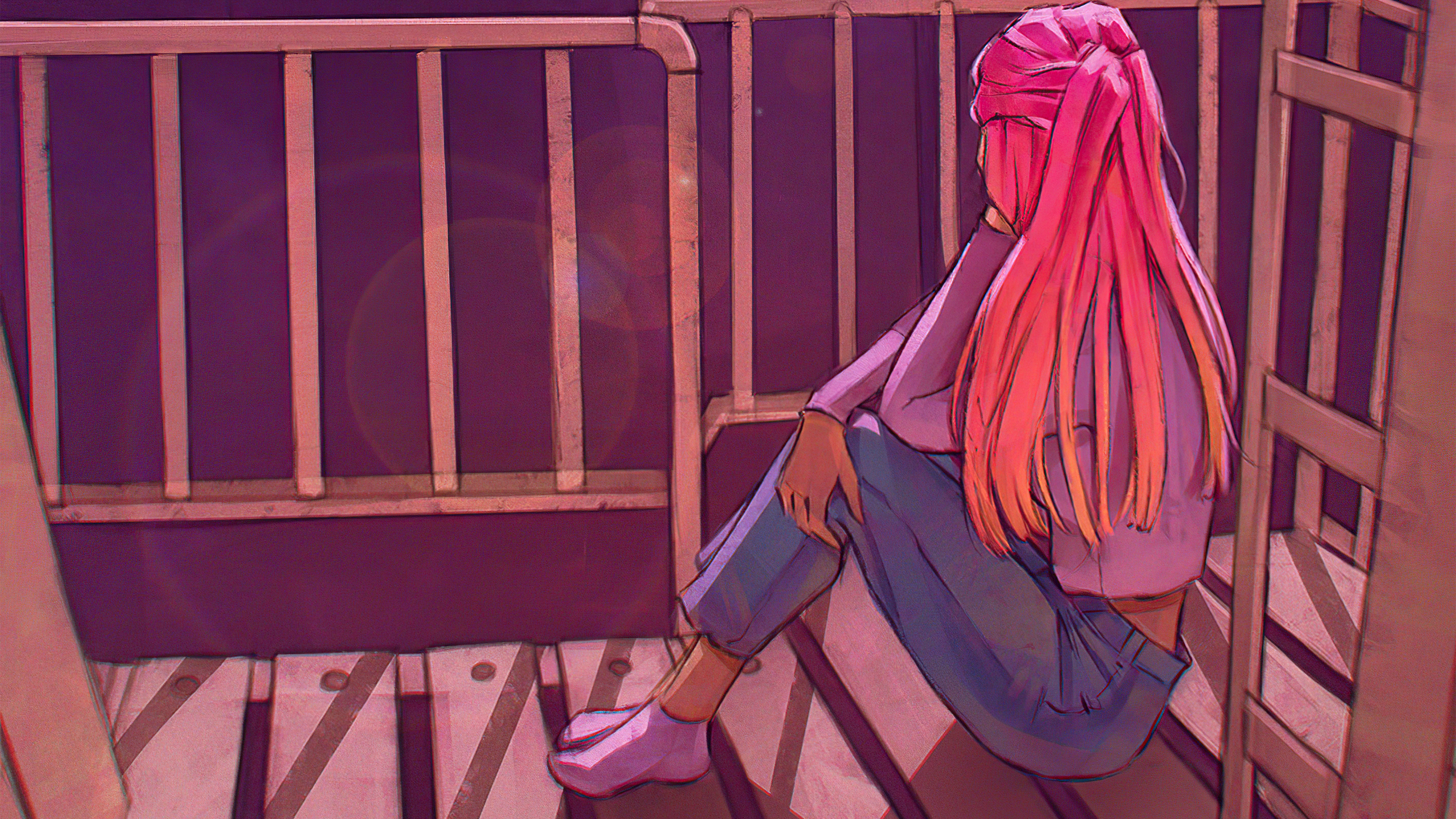 Artwork of a person with pink hair sitting alone HD Wallpaper