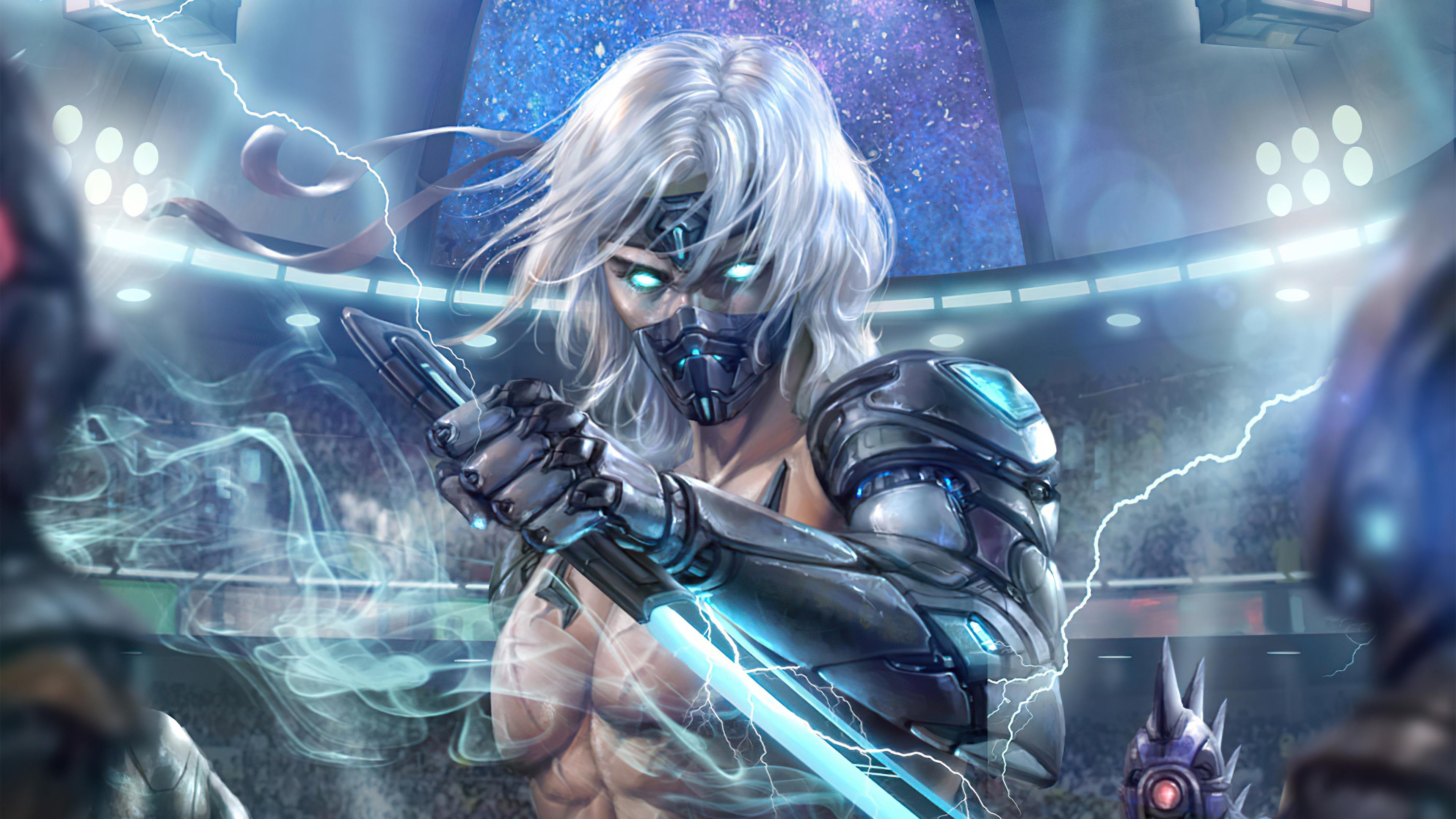 Cyberpunk warrior with glowing sword in arena HD Wallpaper