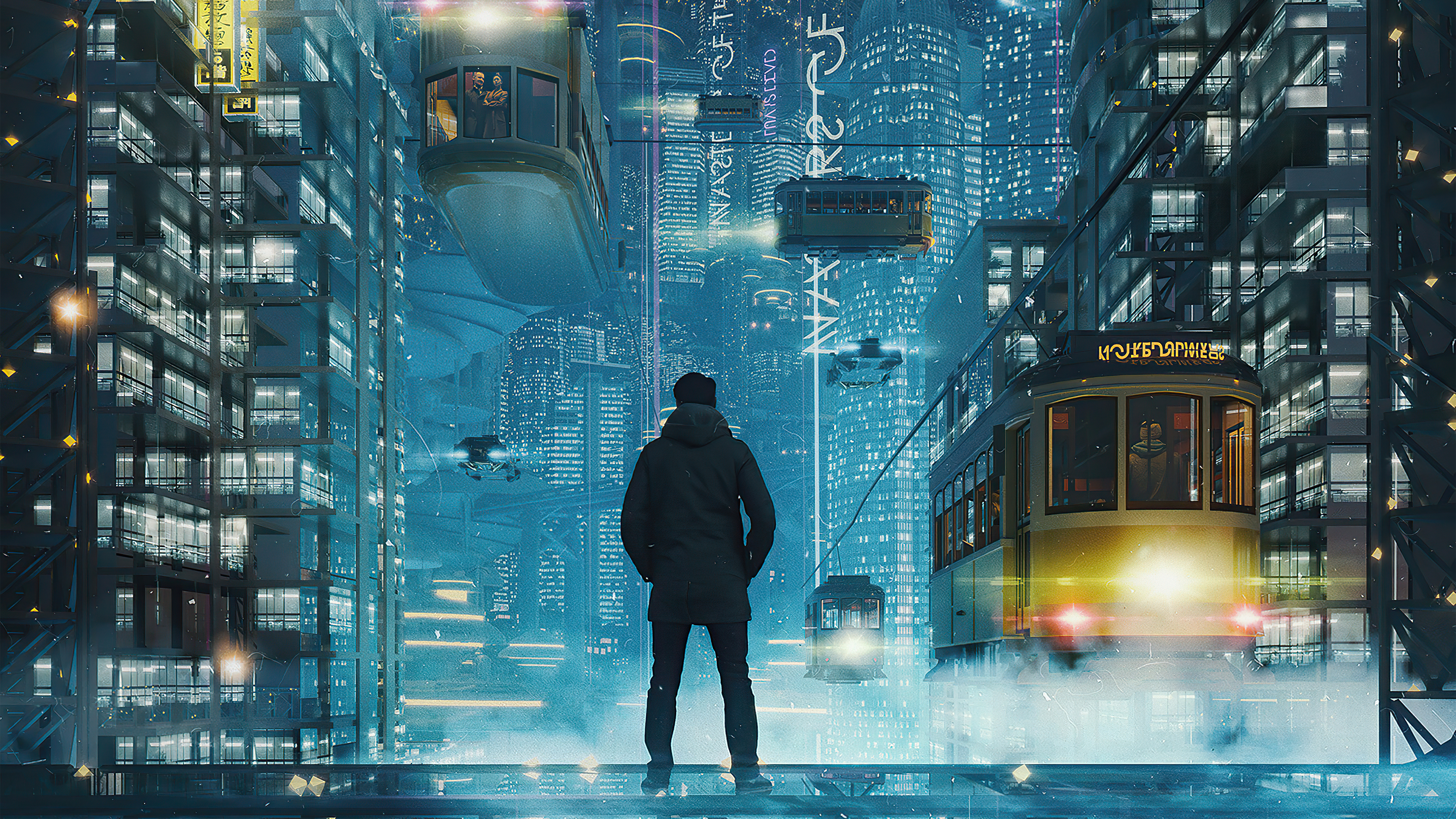 Digital art of a futuristic city with trams HD Wallpaper