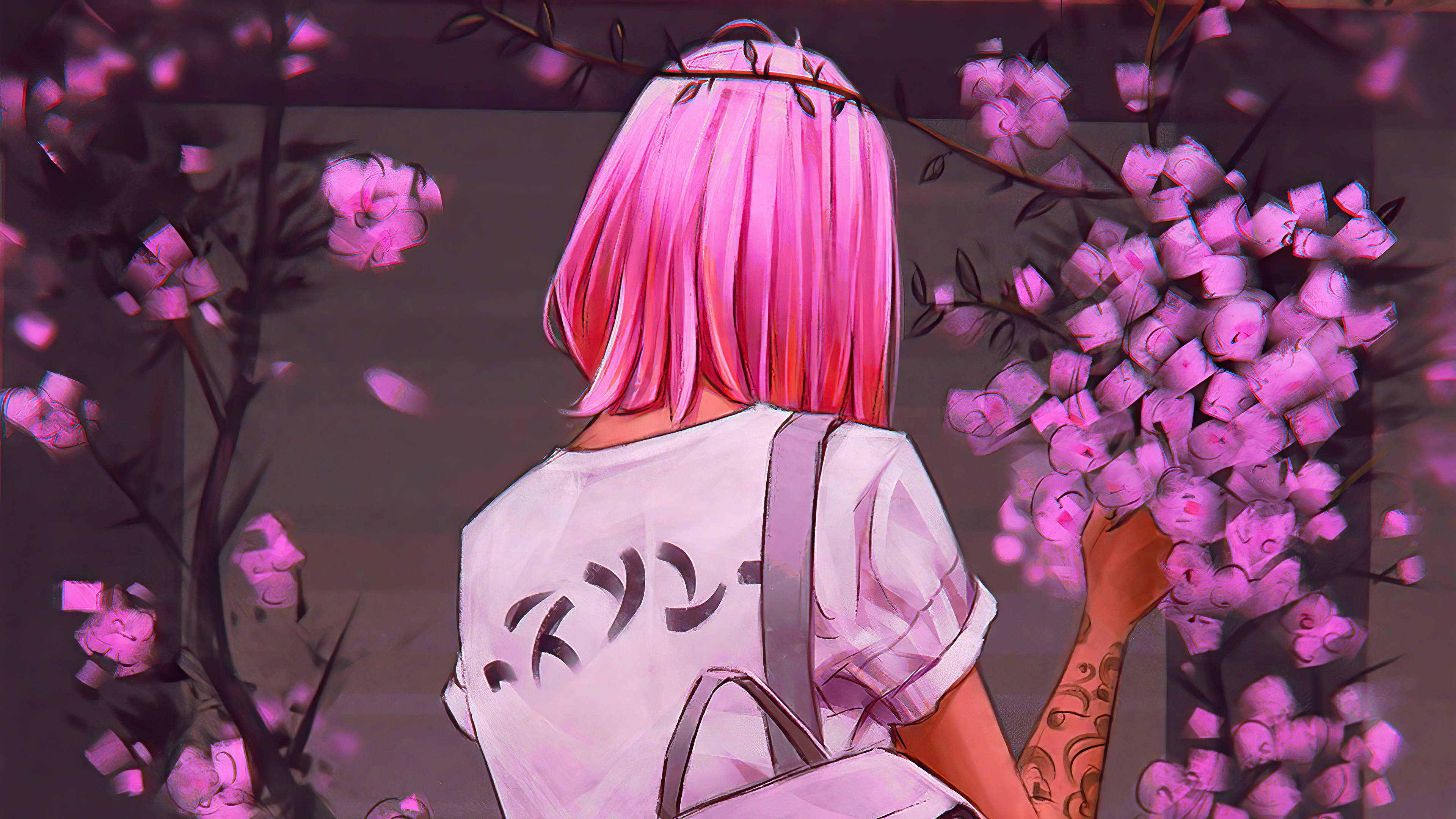 Girl with pink hair and cherry blossoms HD Wallpaper