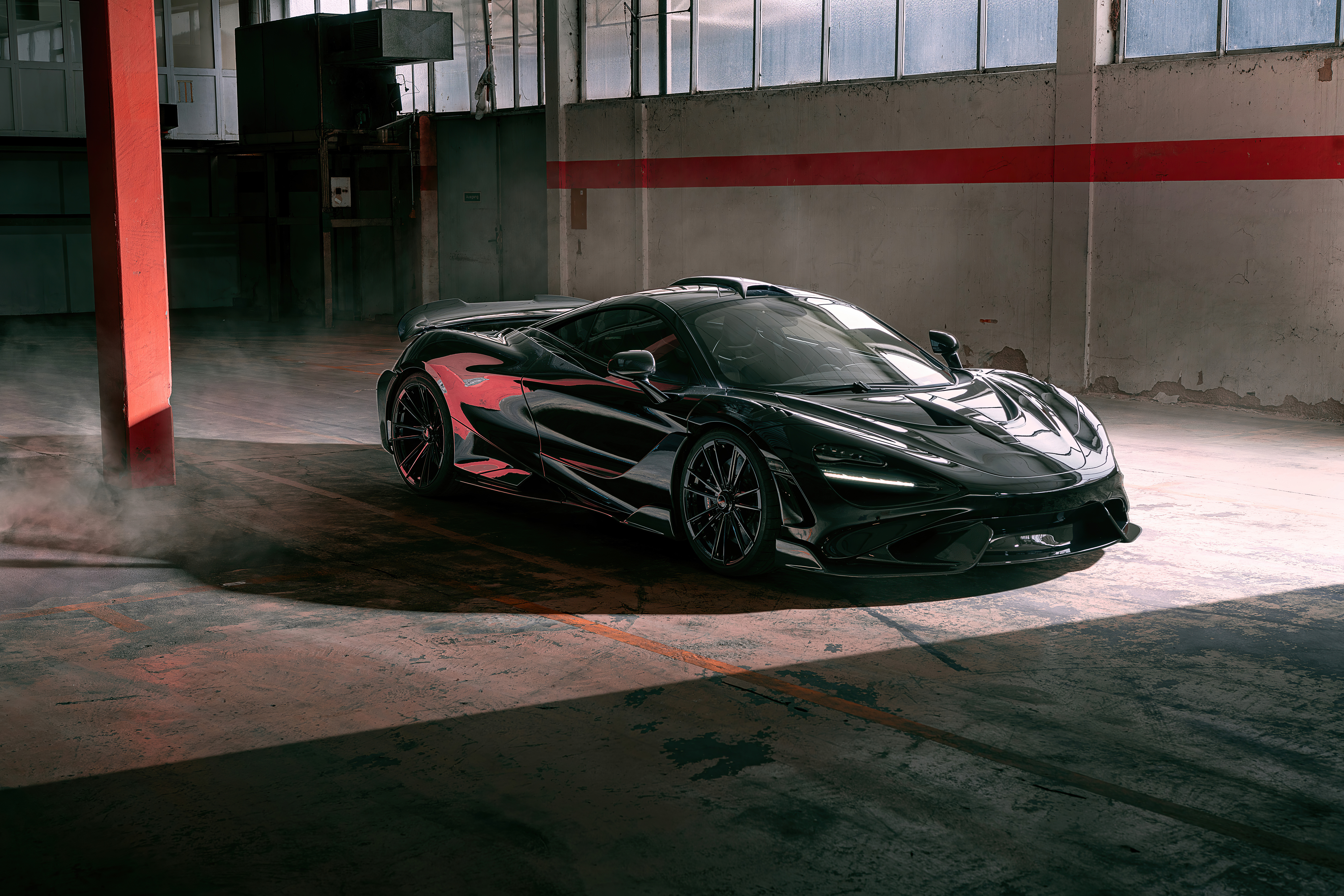 Black McLaren 765LT in a warehouse HD Wallpaper