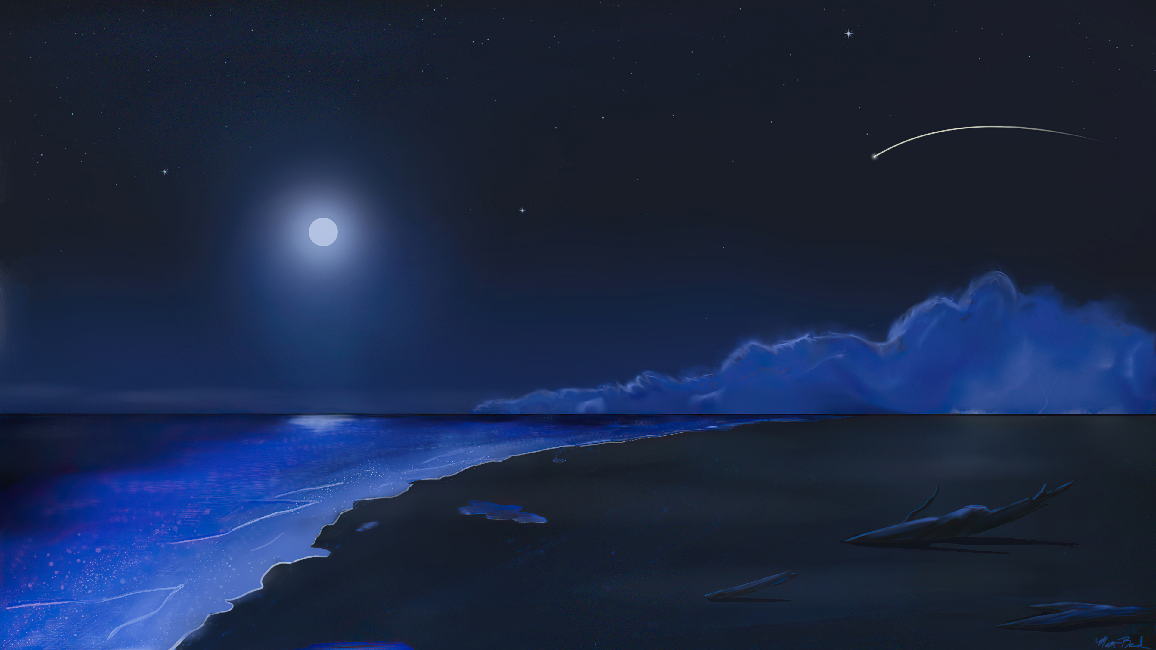 Night beach with moon and shooting star HD Wallpaper