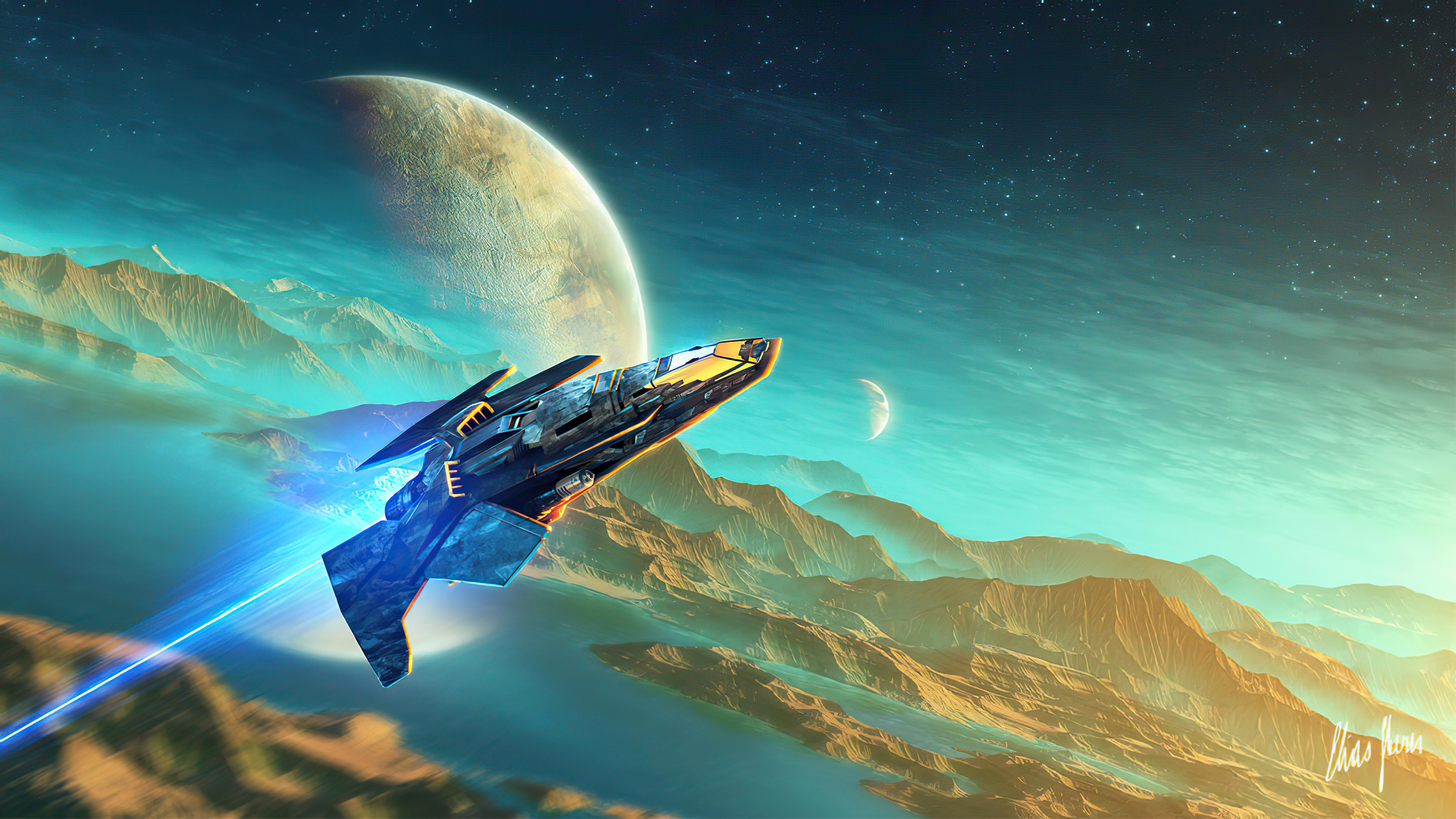Spaceship flying over alien planet landscape HD Wallpaper
