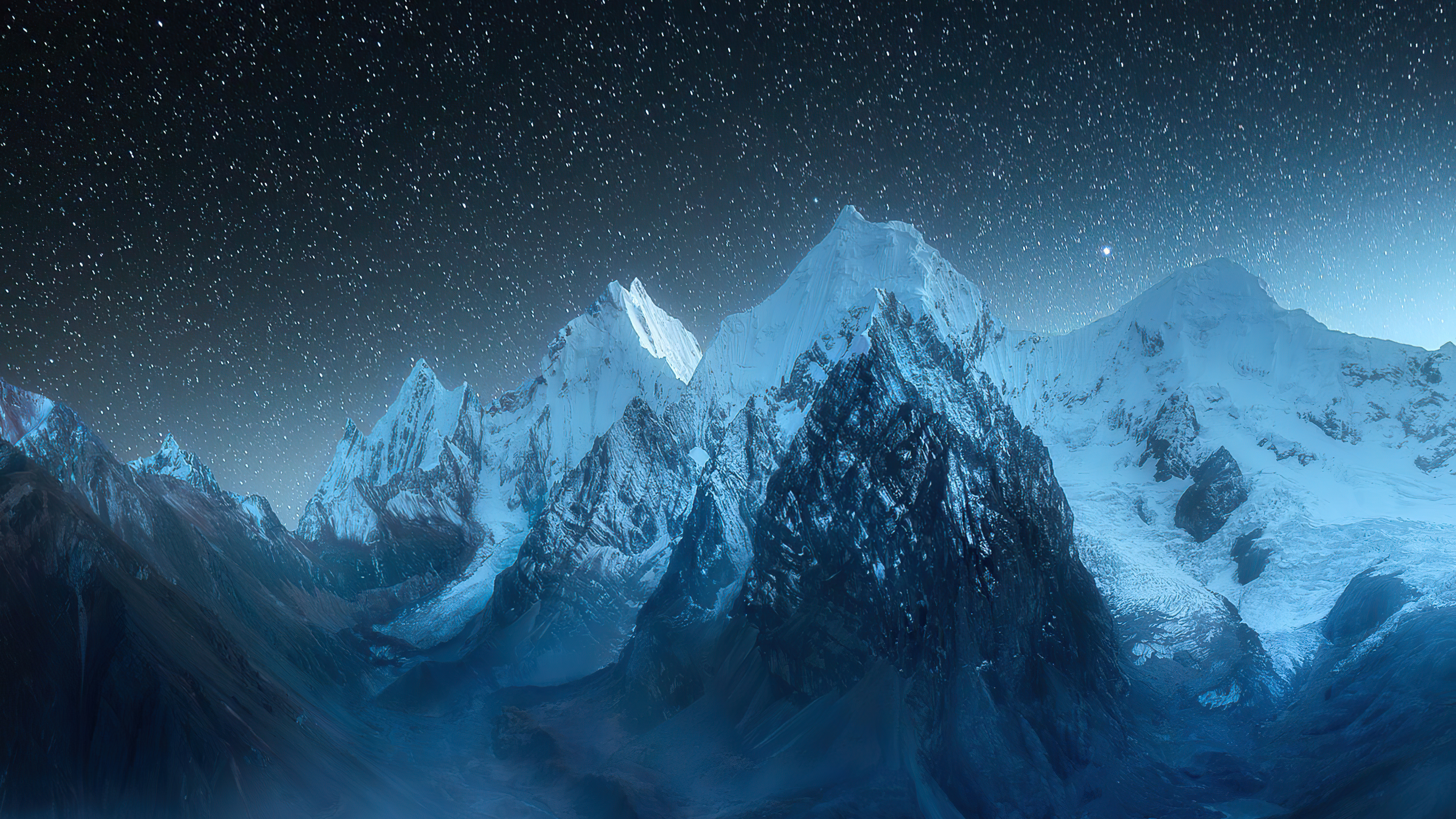 Snowy mountains under a starry night sky HD Wallpaper