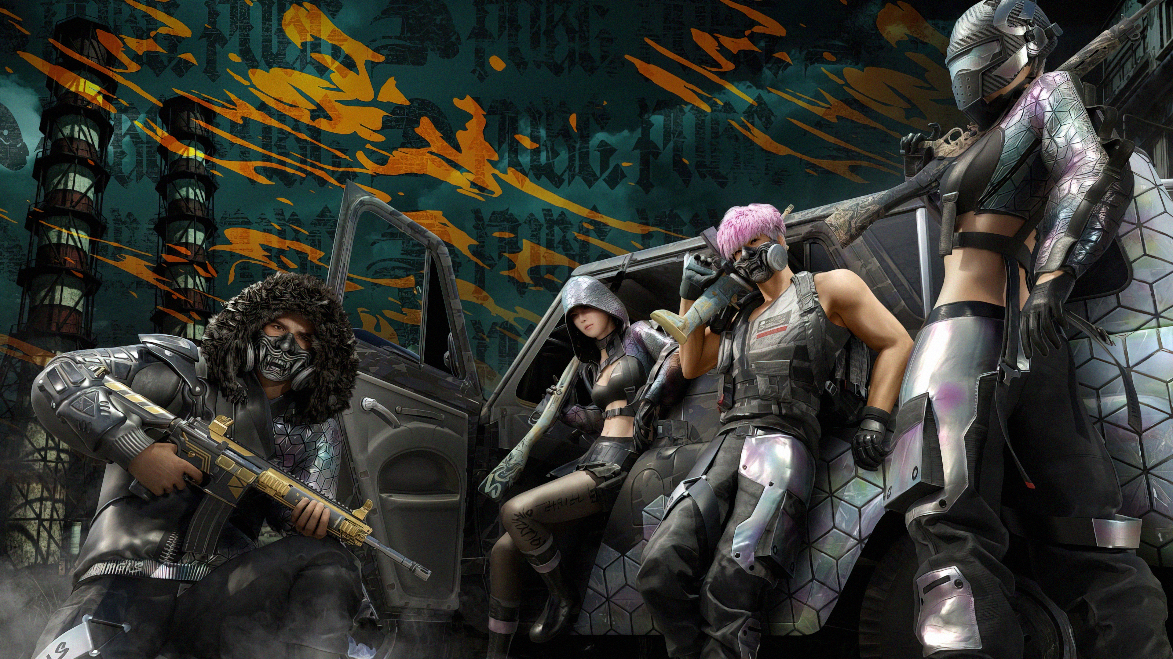 PUBG characters with guns near a car HD Wallpaper