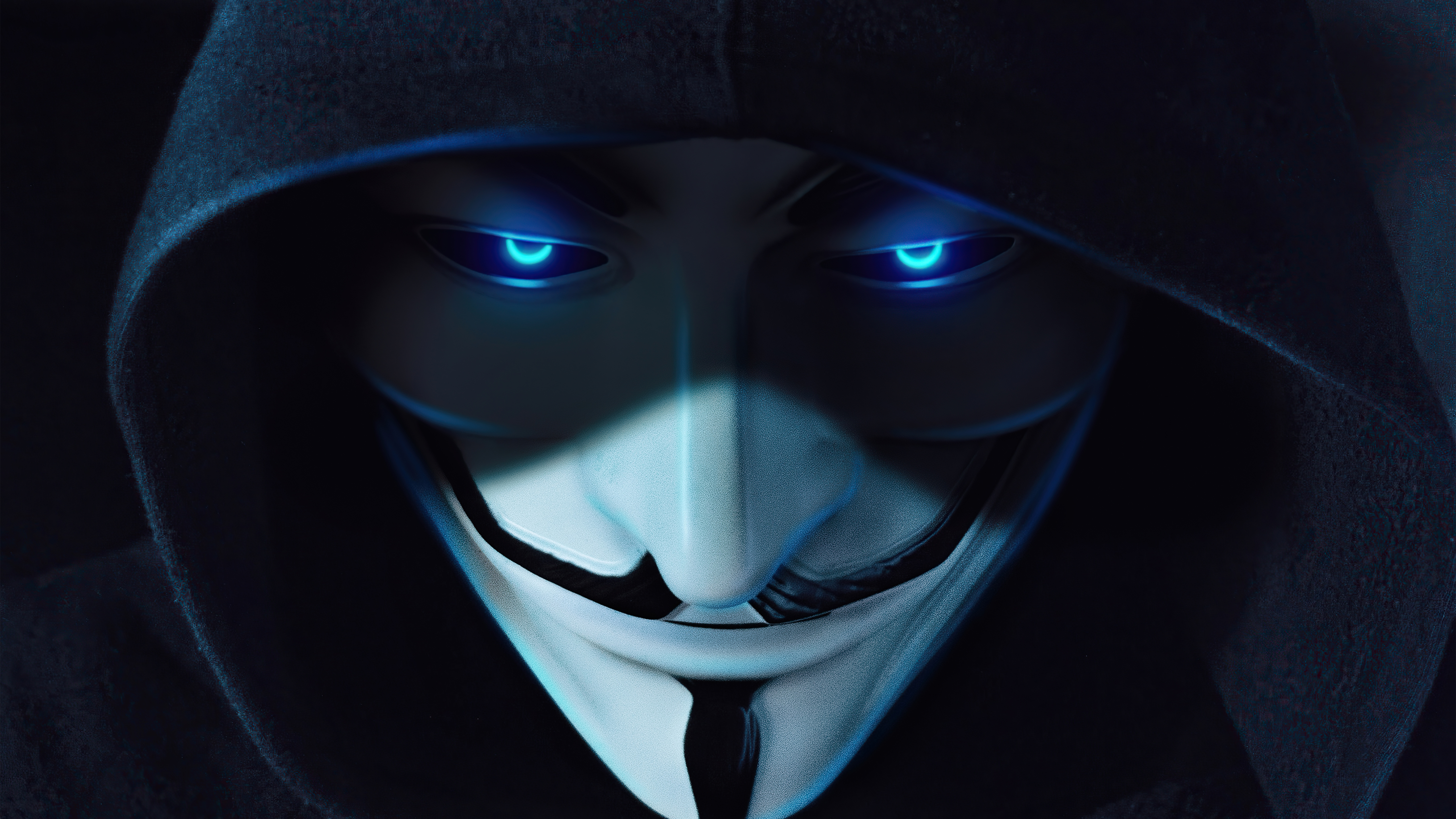 Anonymous Mask with Glowing Blue Eyes in Hoodie HD Wallpaper