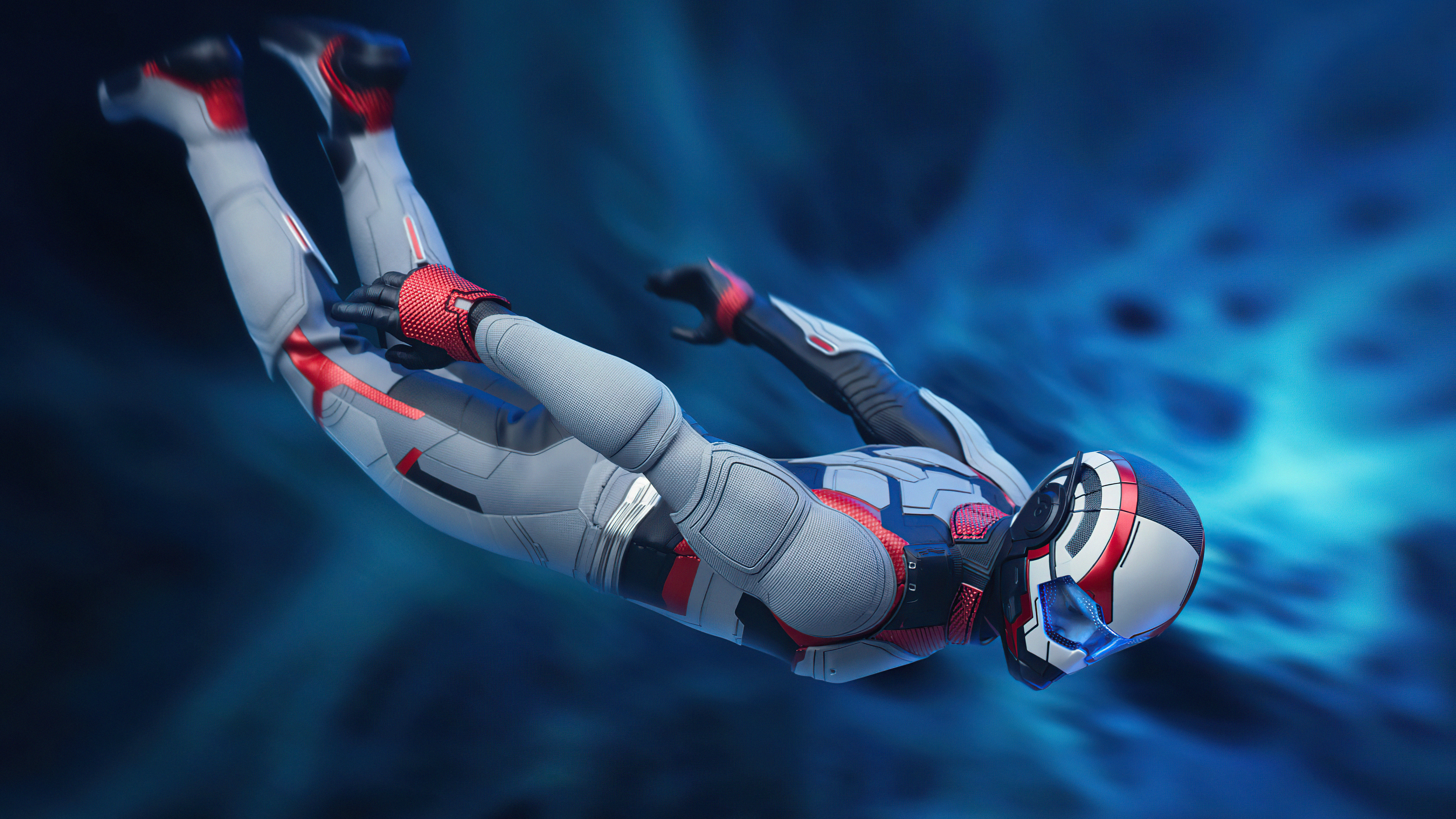 Superhero in a futuristic suit falling through blue void HD Wallpaper