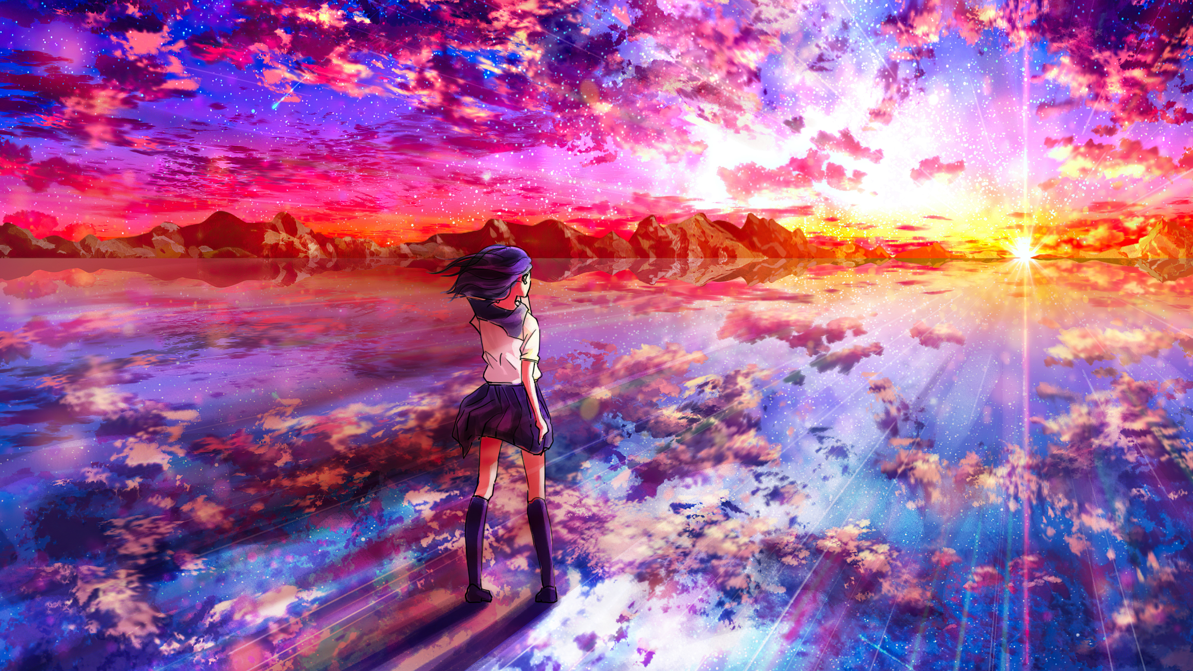Anime girl looking at a colorful sky reflection HD Wallpaper