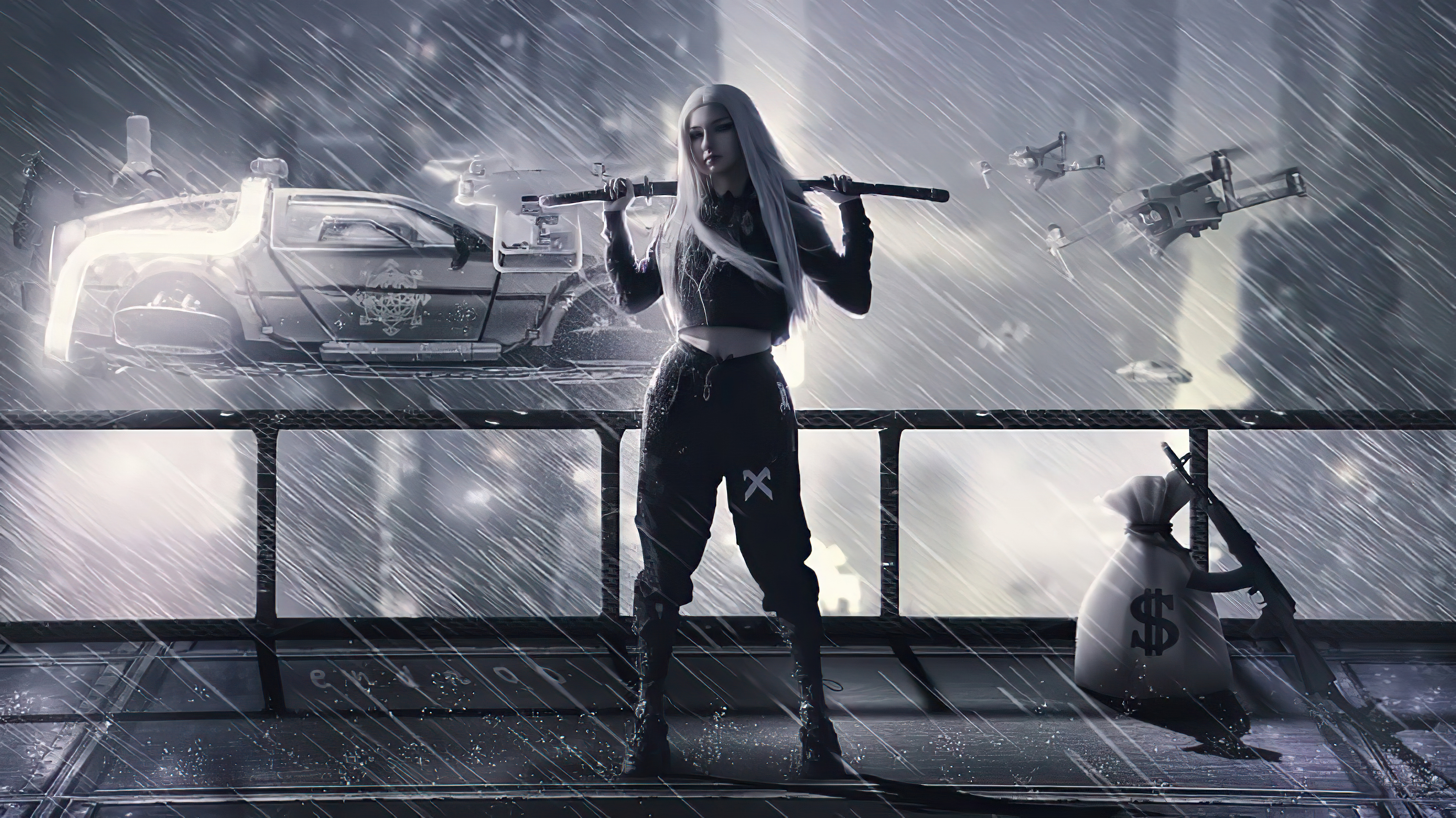 Samurai woman with swords in a rainy cyberpunk city HD Wallpaper