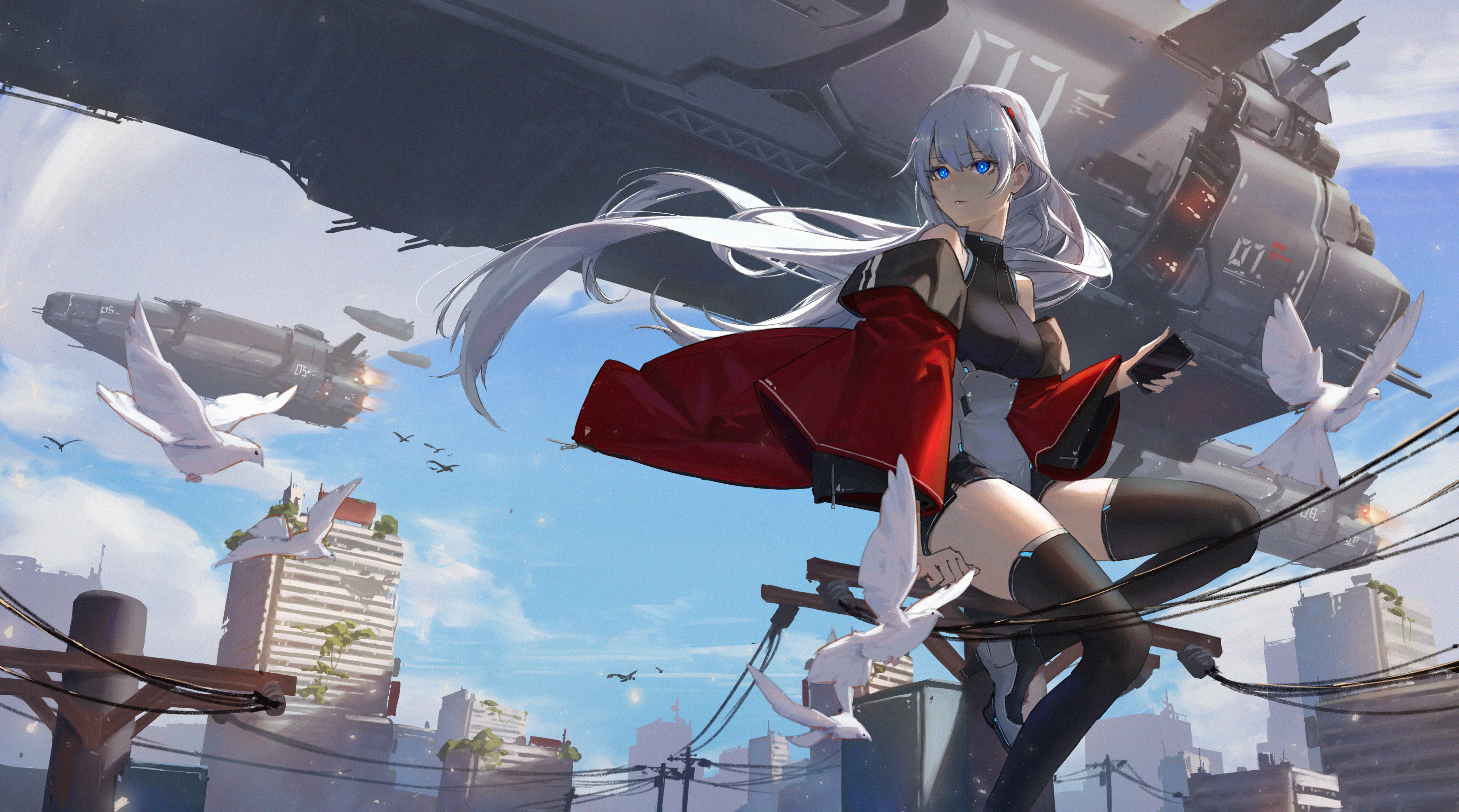 Anime girl with white hair and red cloak near futuristic aircraft HD Wallpaper
