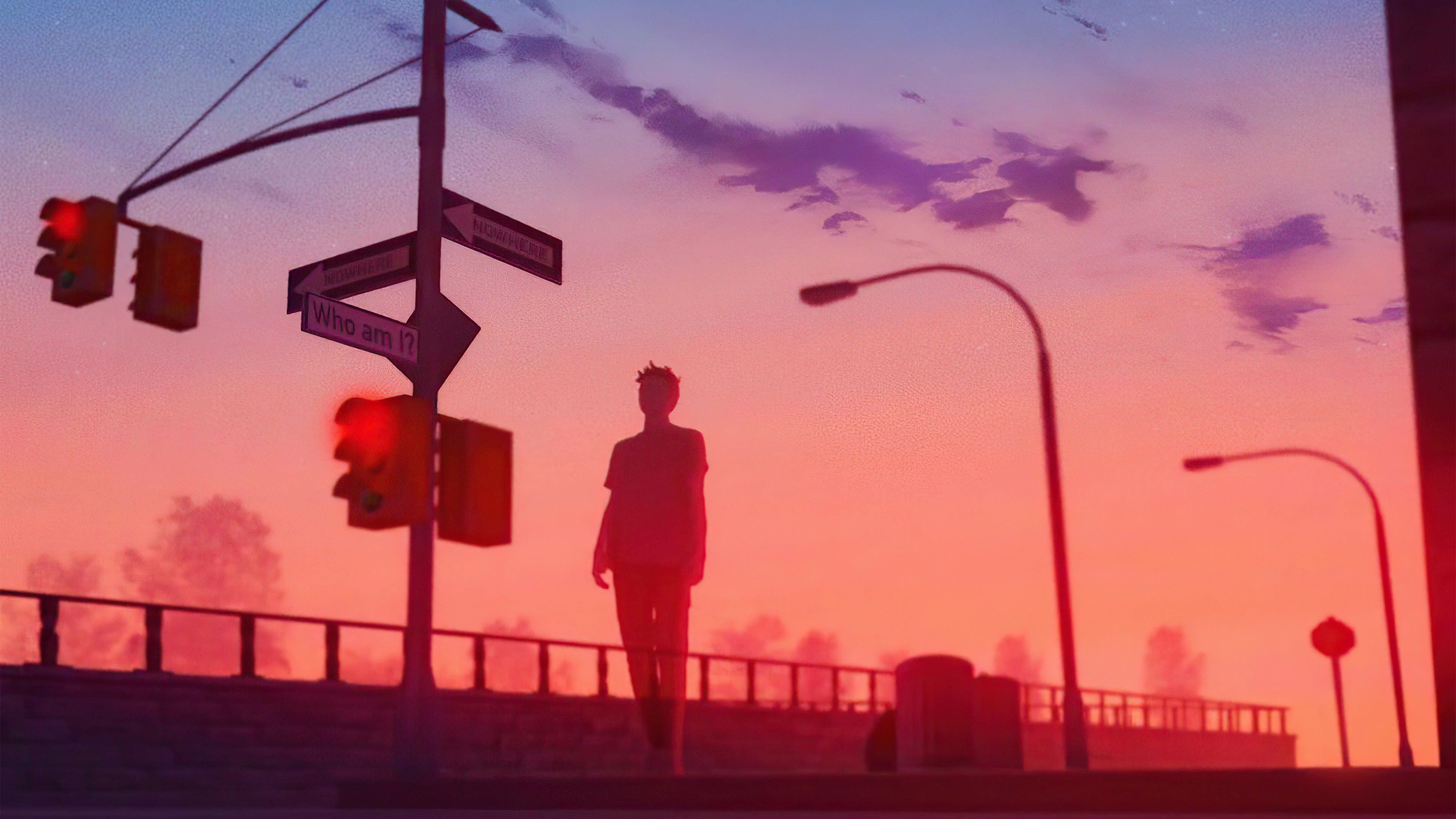 Man walking at sunset with street signs HD Wallpaper