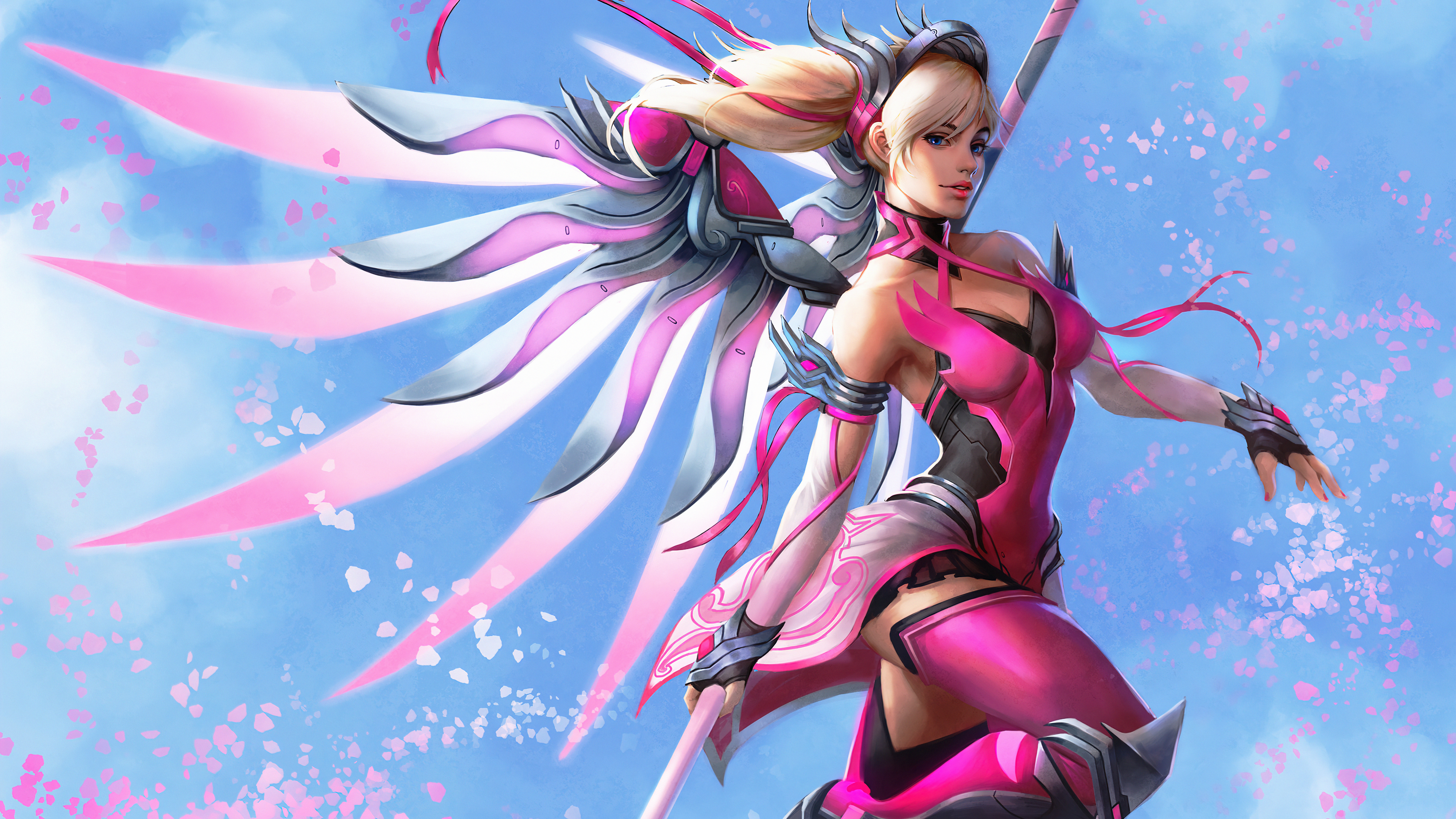Mercy from Overwatch with pink wings HD Wallpaper