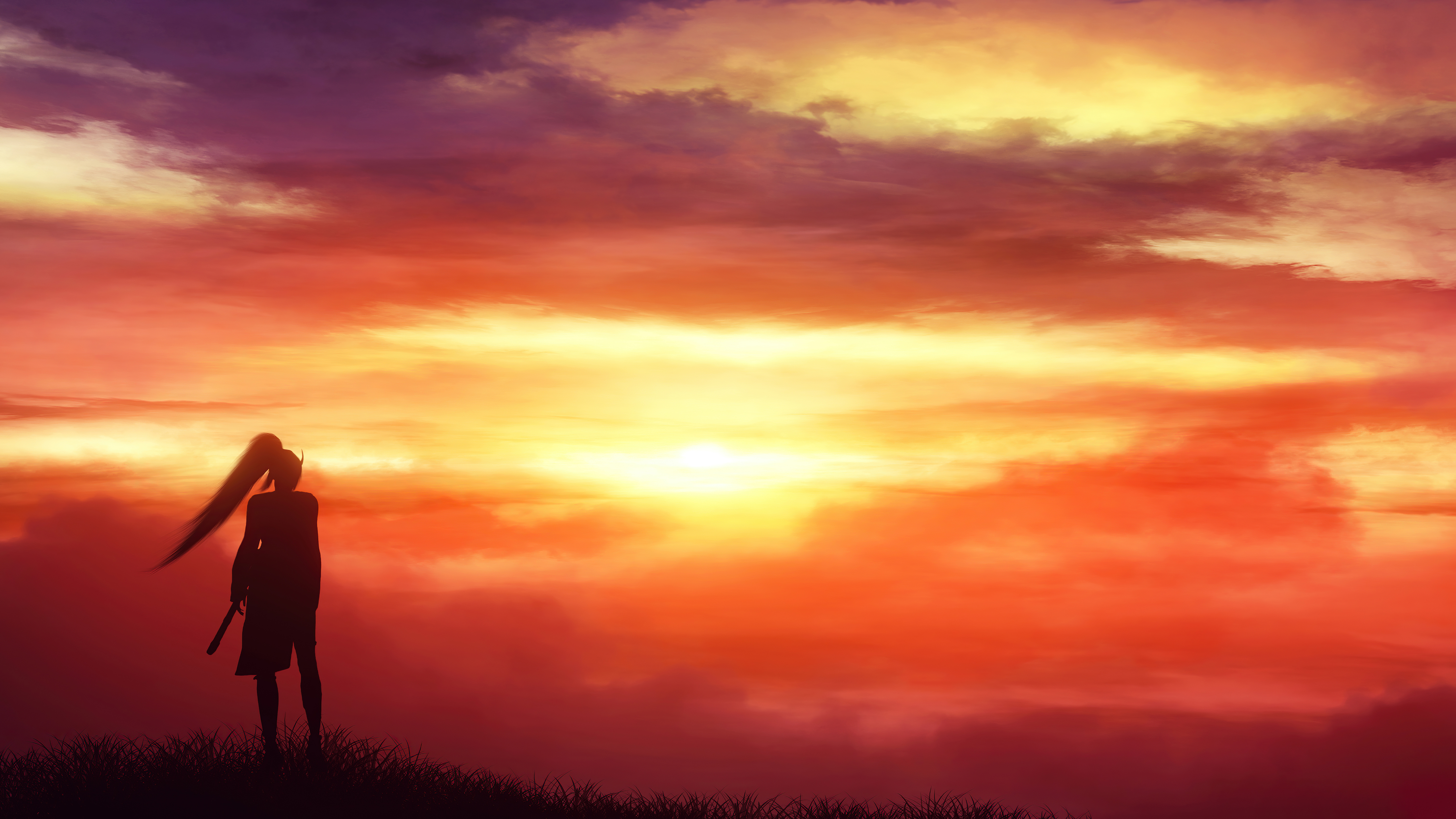 Silhouette of a warrior against a sunset HD Wallpaper