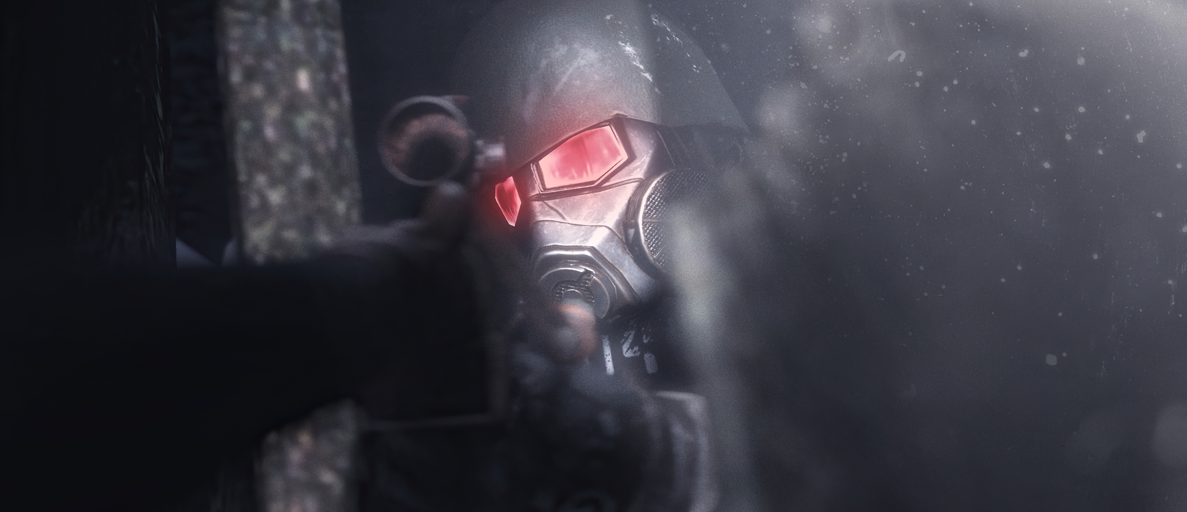 Man in gas mask with red eyes aiming sniper rifle HD Wallpaper