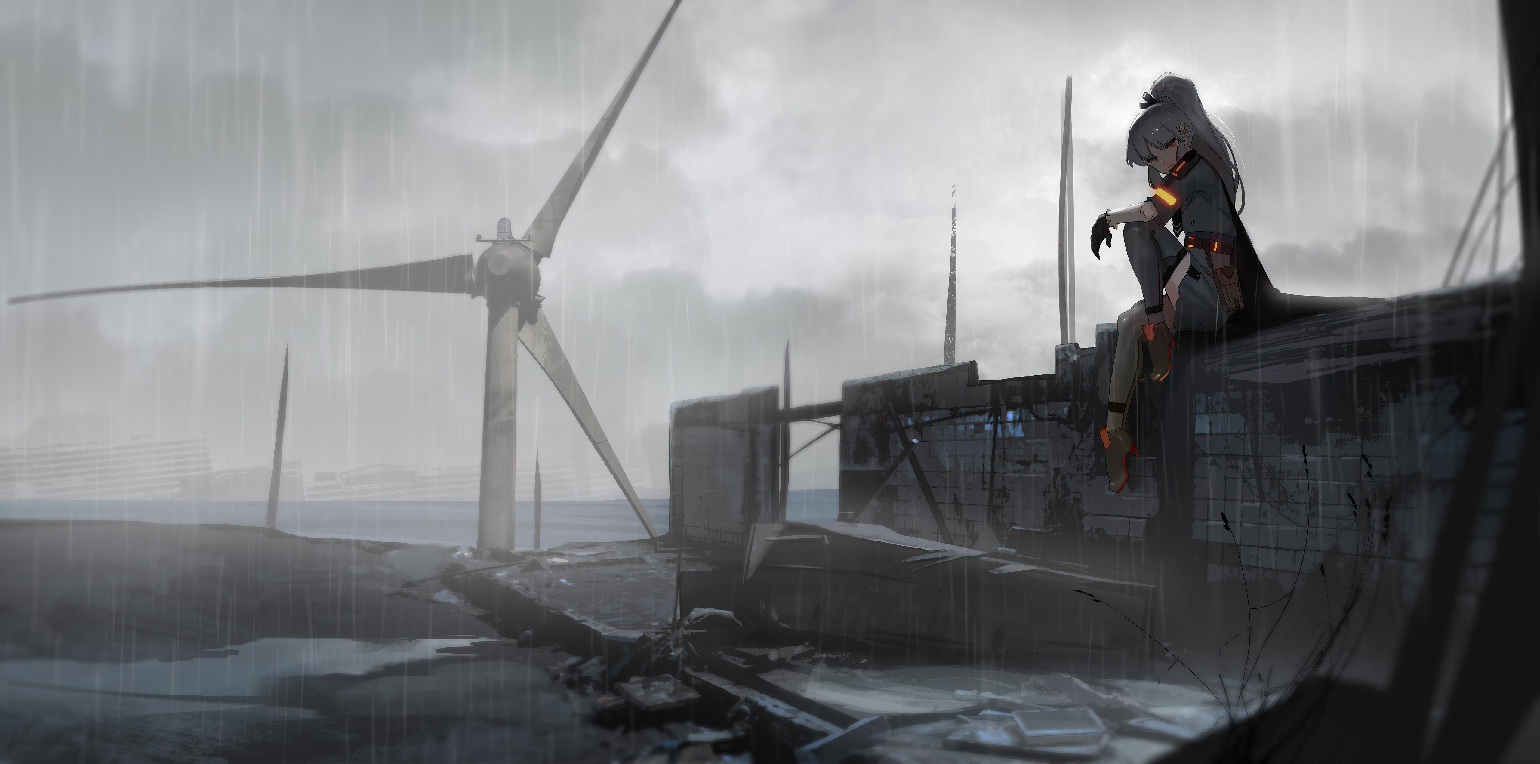 Anime girl sitting on a ruined structure in the rain HD Wallpaper