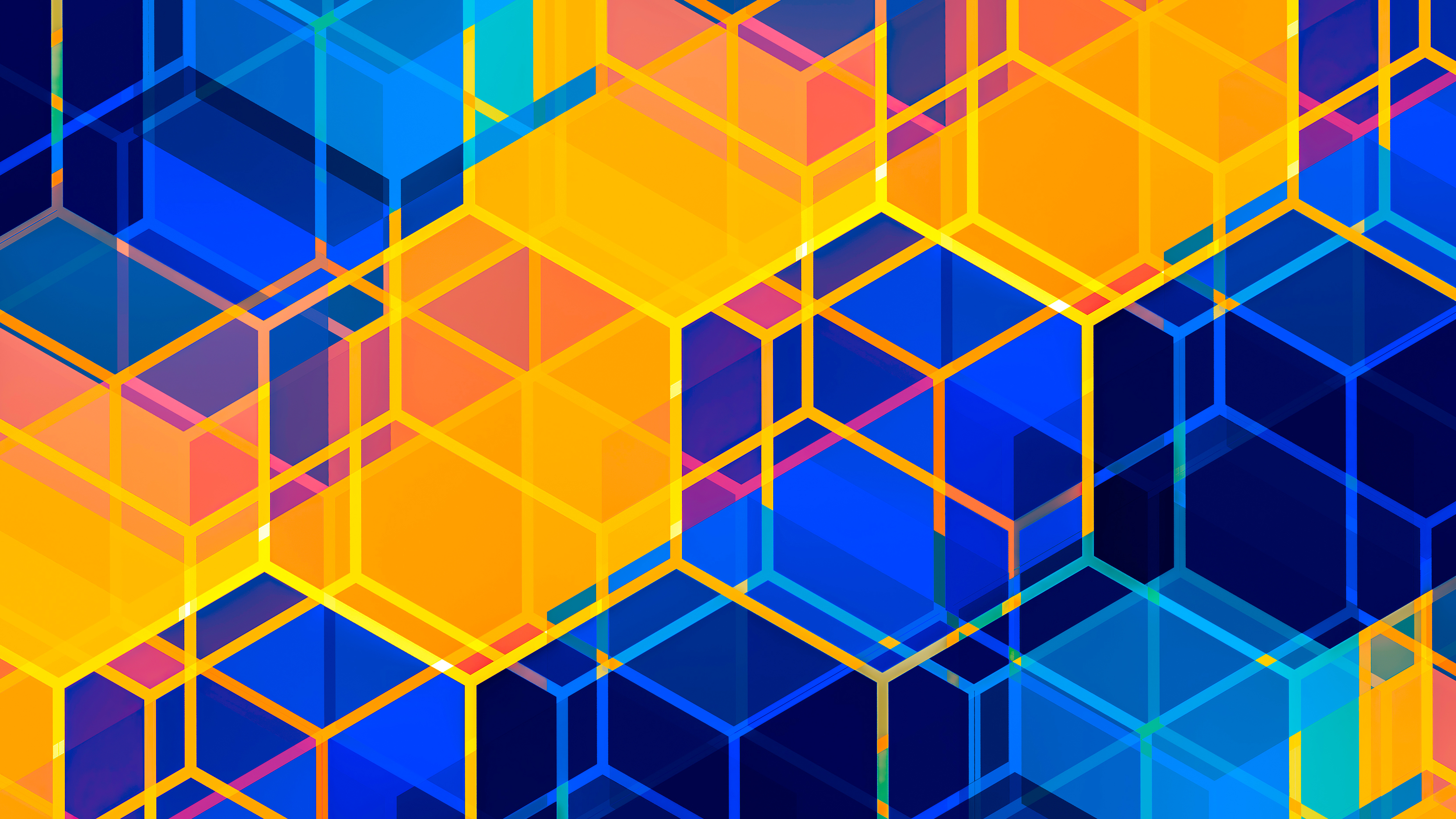 Abstract geometric pattern with hexagons and cubes in blue and orange HD Wallpaper