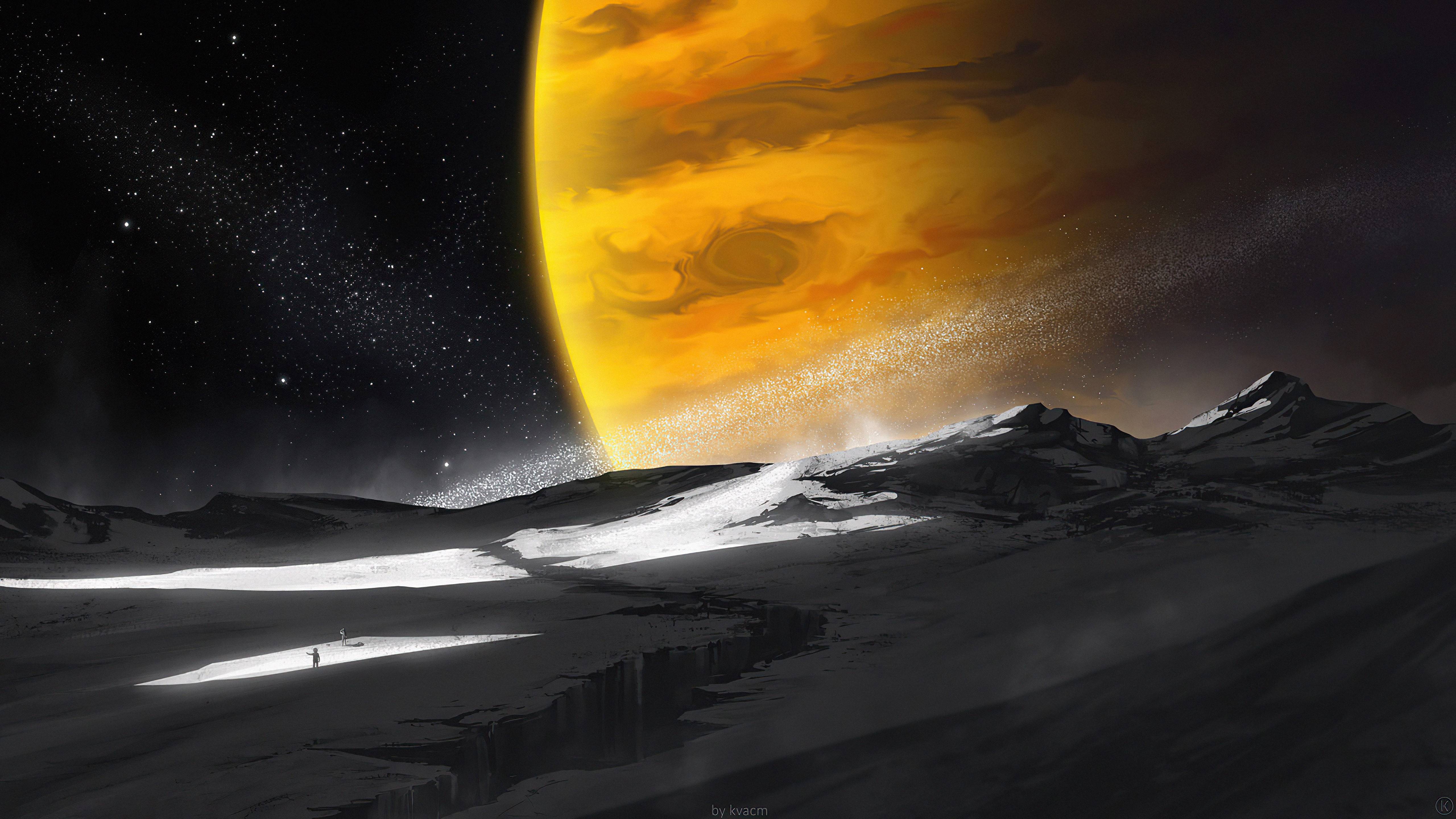 Digital art of a planet and a snowy landscape HD Wallpaper