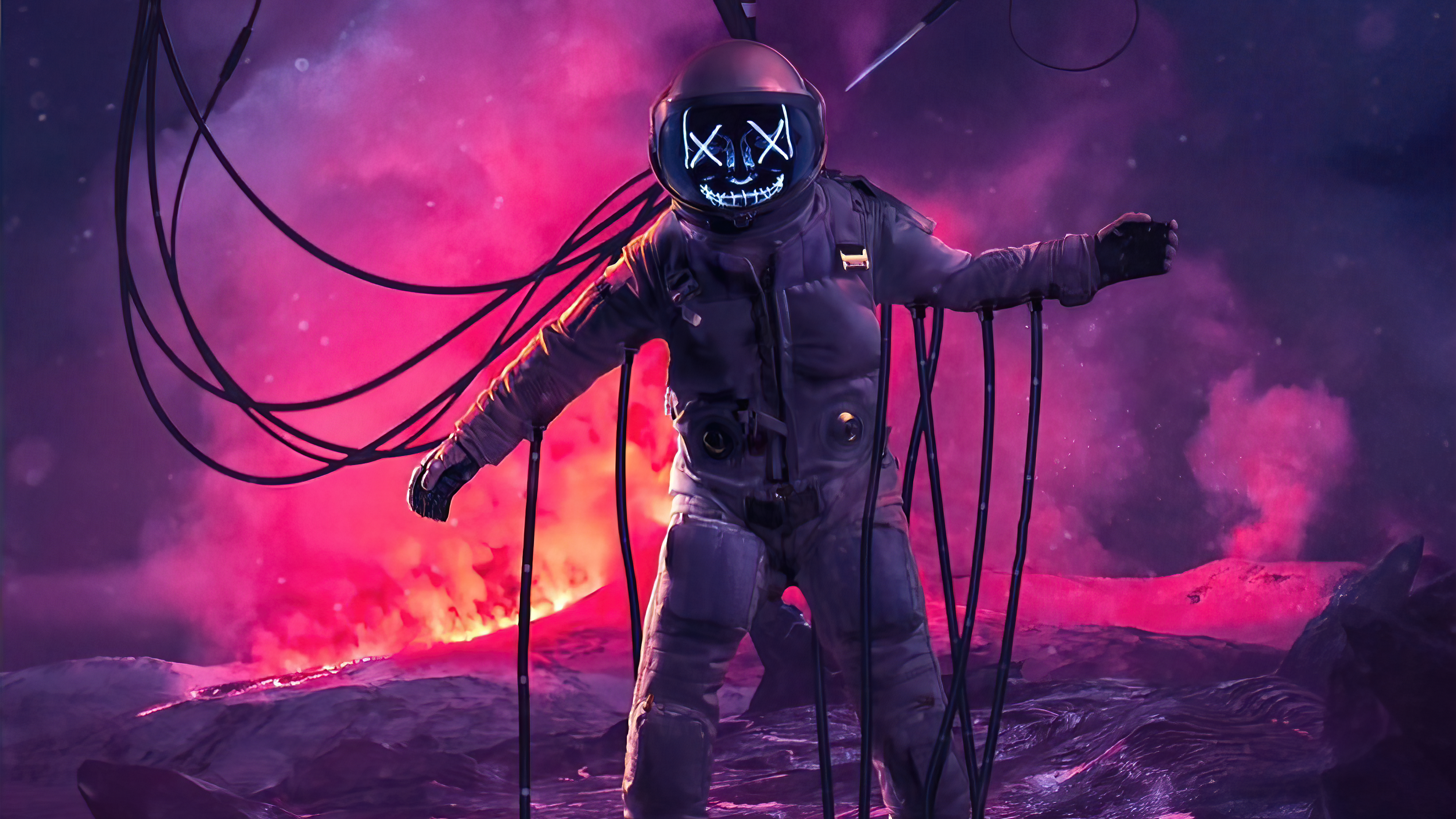 Astronaut with glowing mask and wires HD Wallpaper