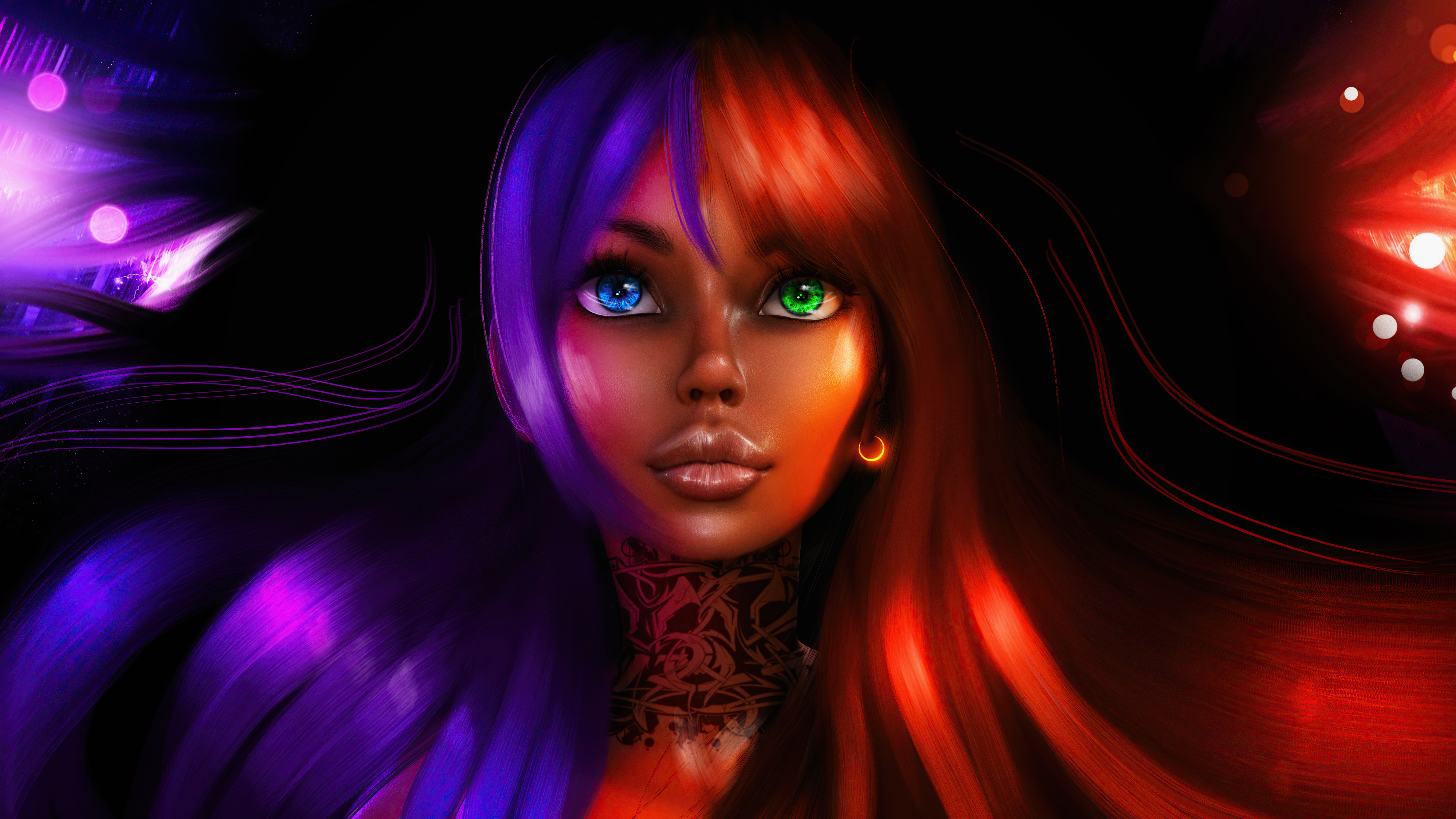 Digital art of a woman with split hair color HD Wallpaper