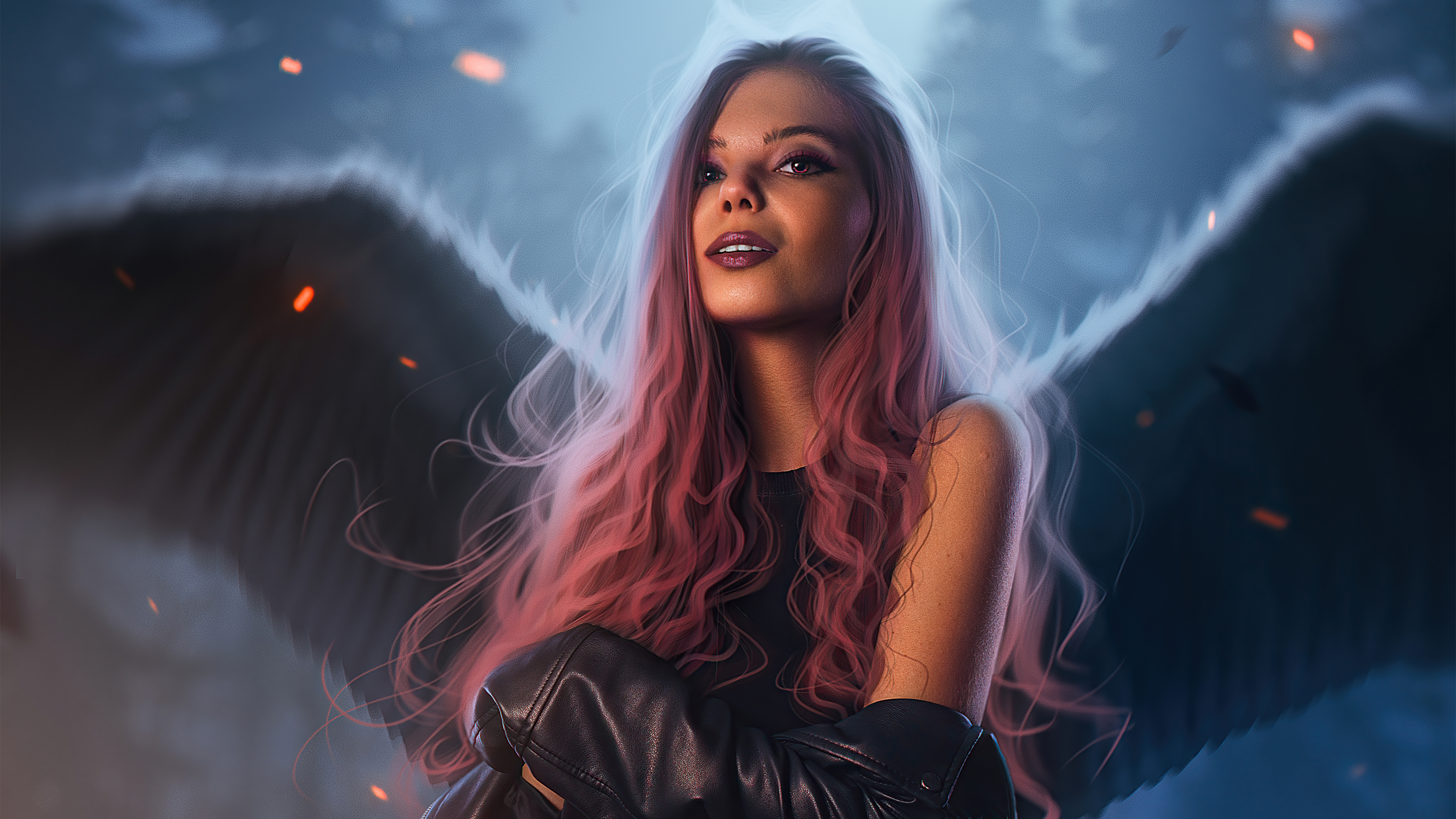 Digital art of an angel with pink hair HD Wallpaper
