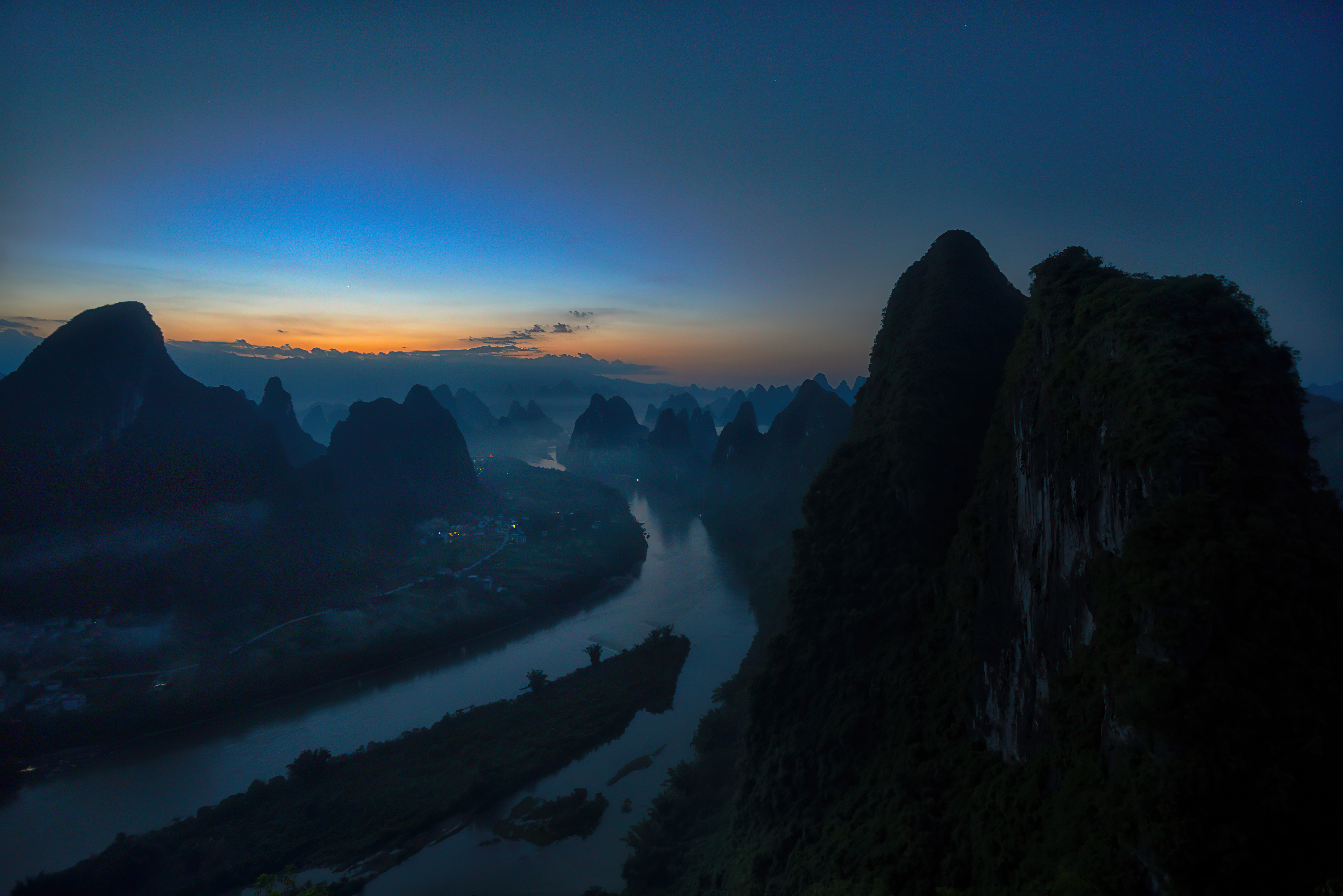 Karst mountains and river at sunrise HD Wallpaper