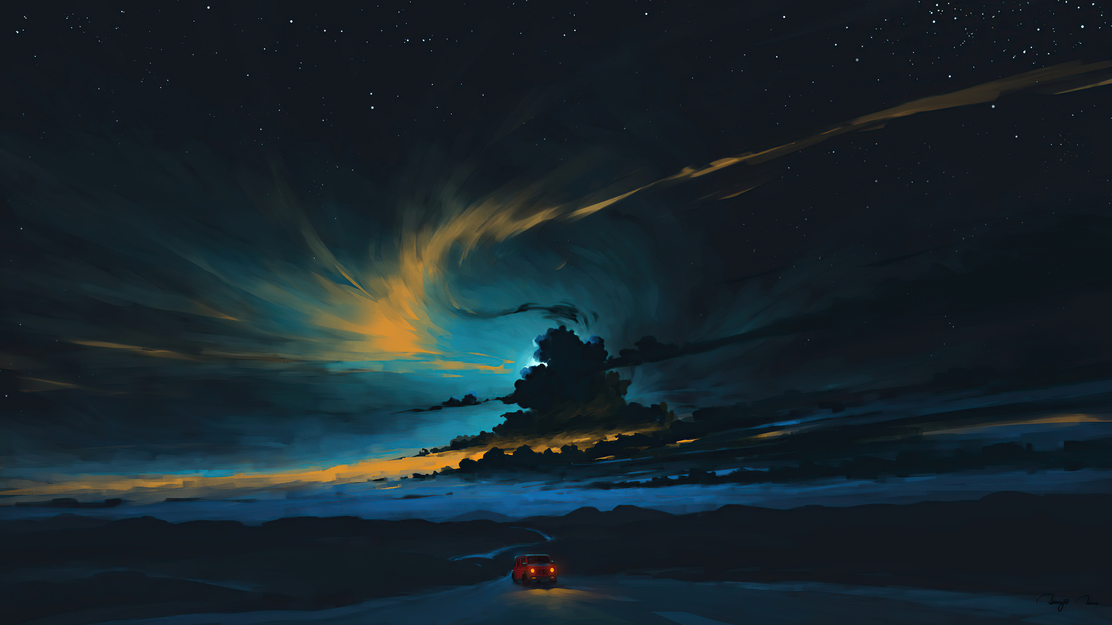 Digital art of a car on a road at night HD Wallpaper