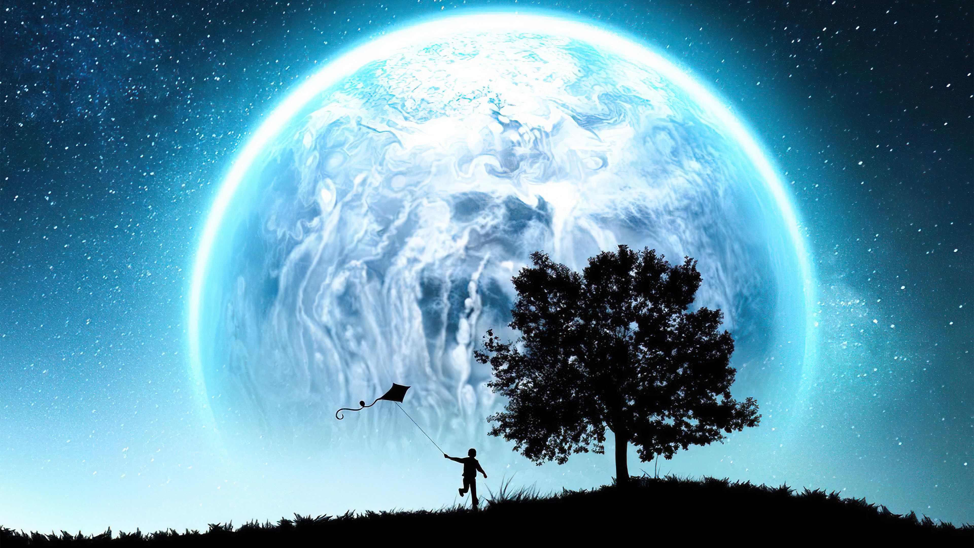Digital art of a person flying a kite under a large moon HD Wallpaper