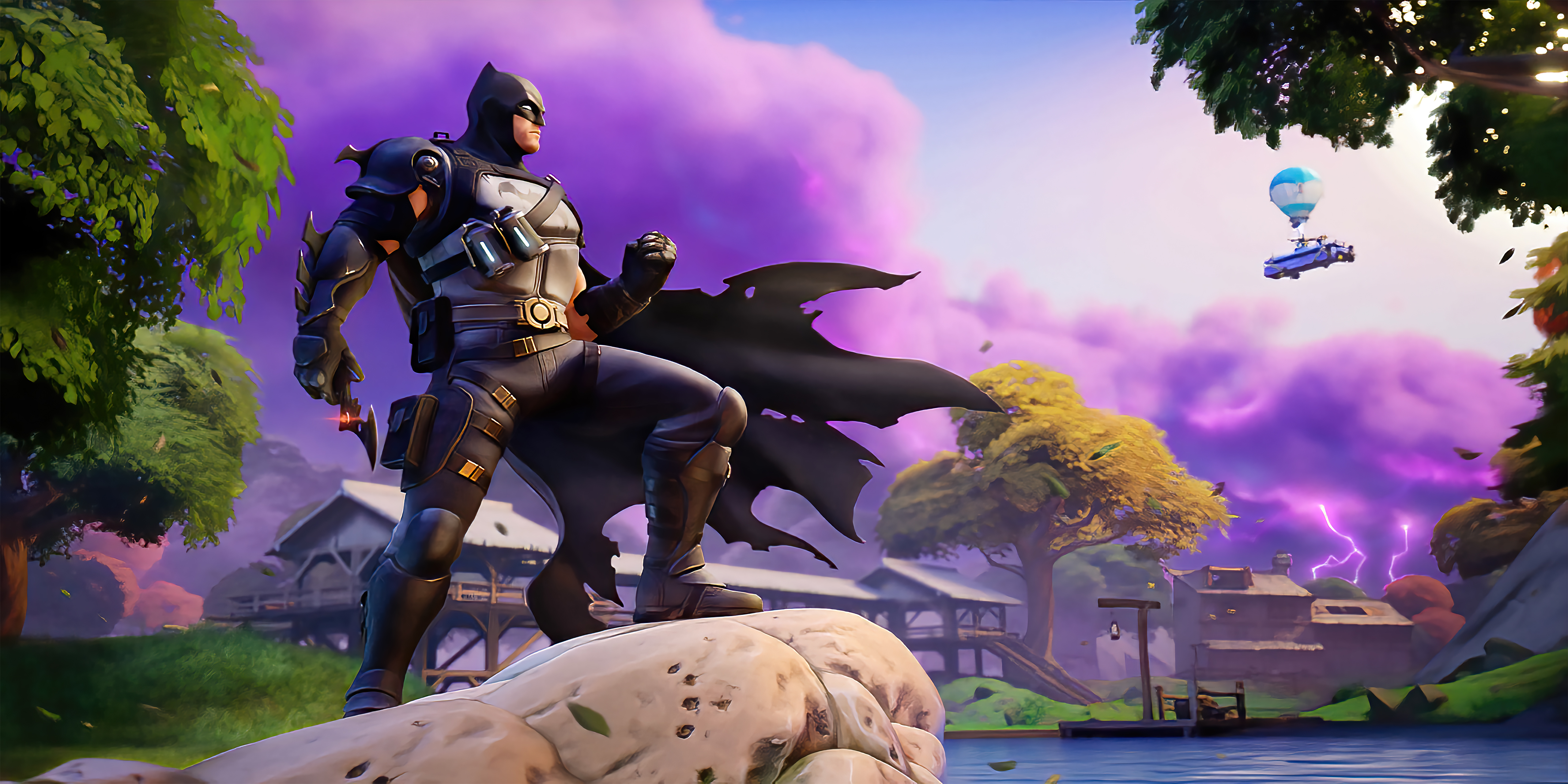 Batman from Fortnite in a landscape with a hot air balloon HD Wallpaper