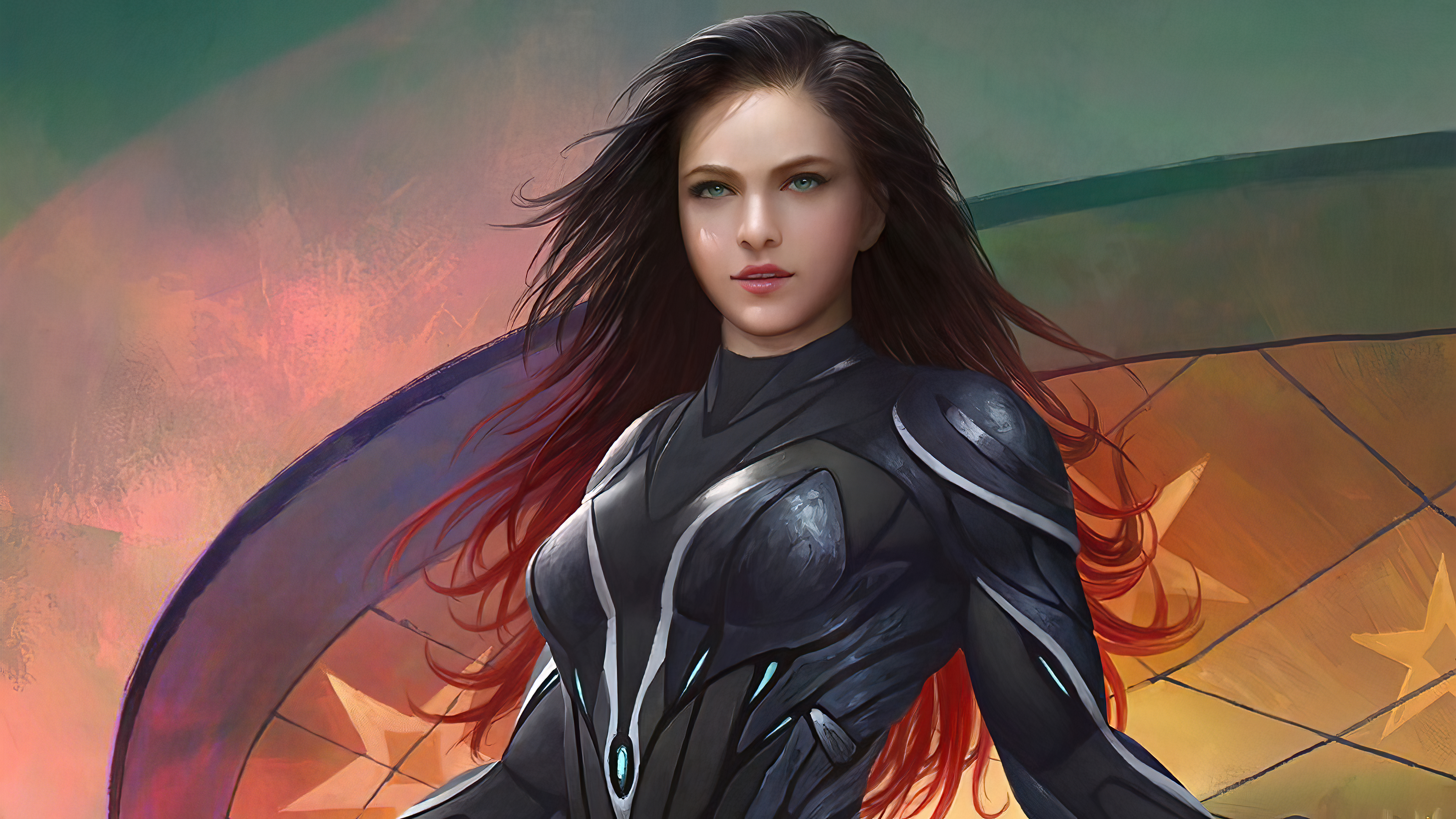 Artwork of a woman in futuristic armor HD Wallpaper