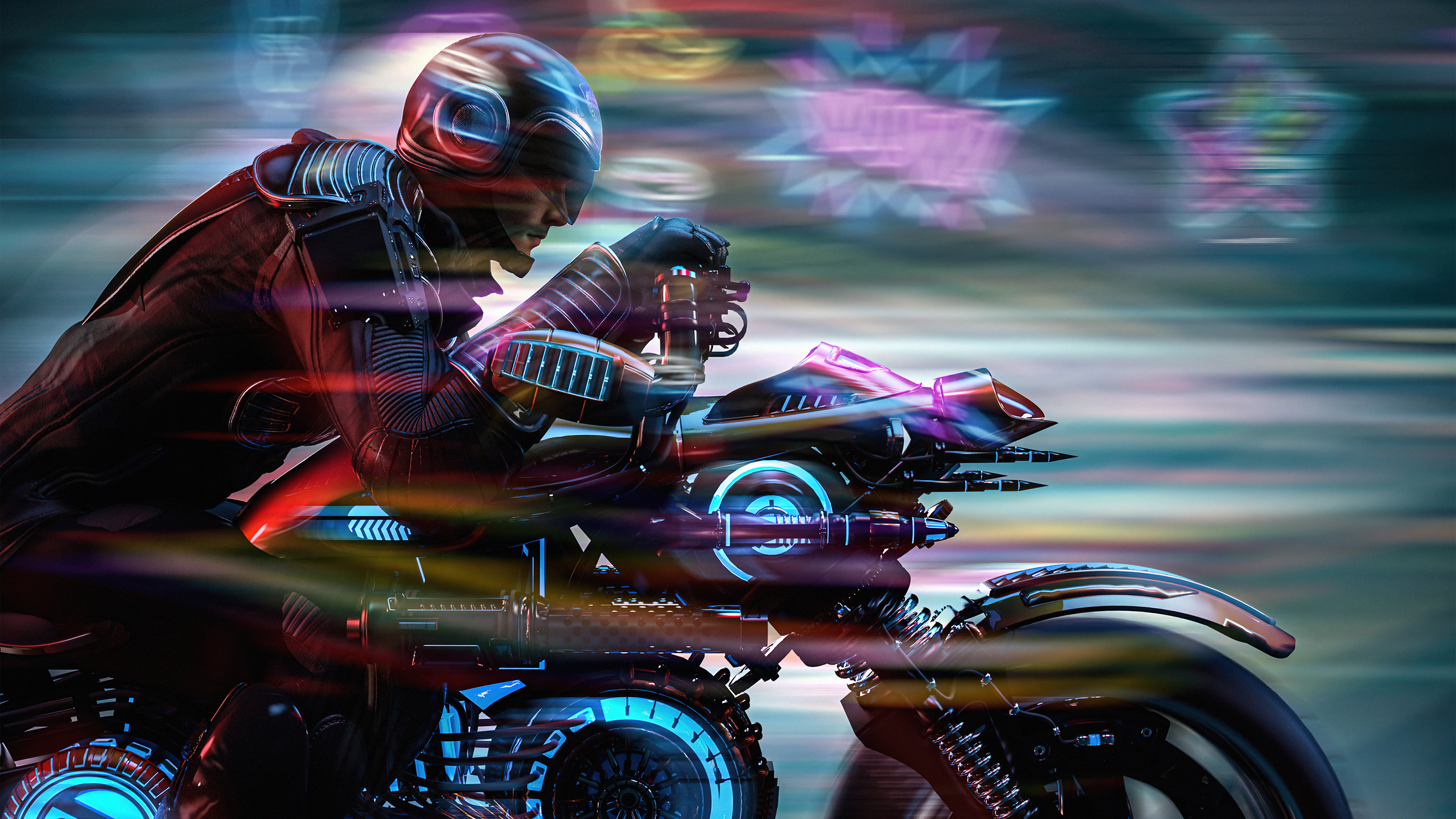 Sci-fi motorcycle rider in futuristic city HD Wallpaper