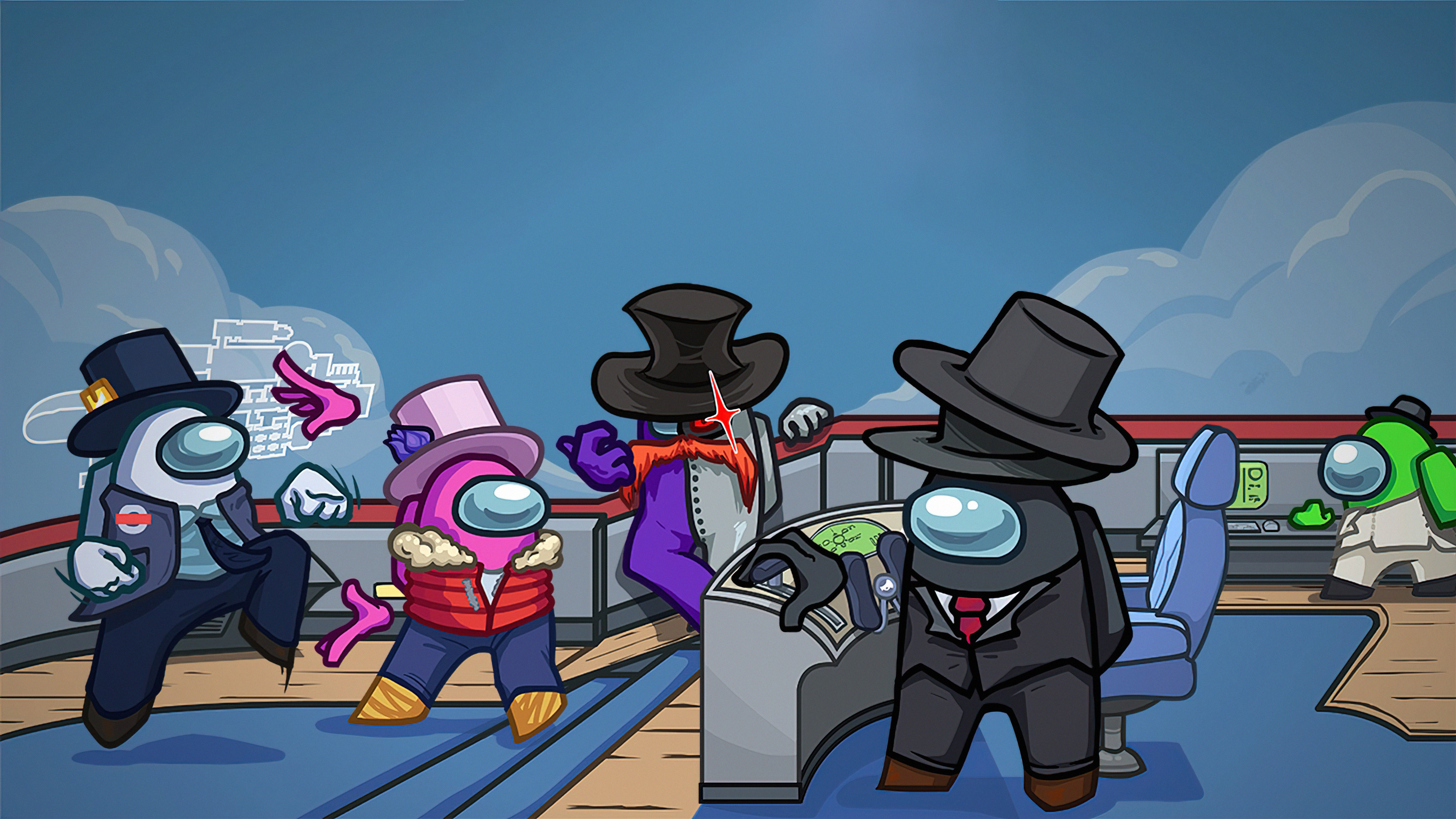 Among Us characters in stylish outfits on a ship HD Wallpaper