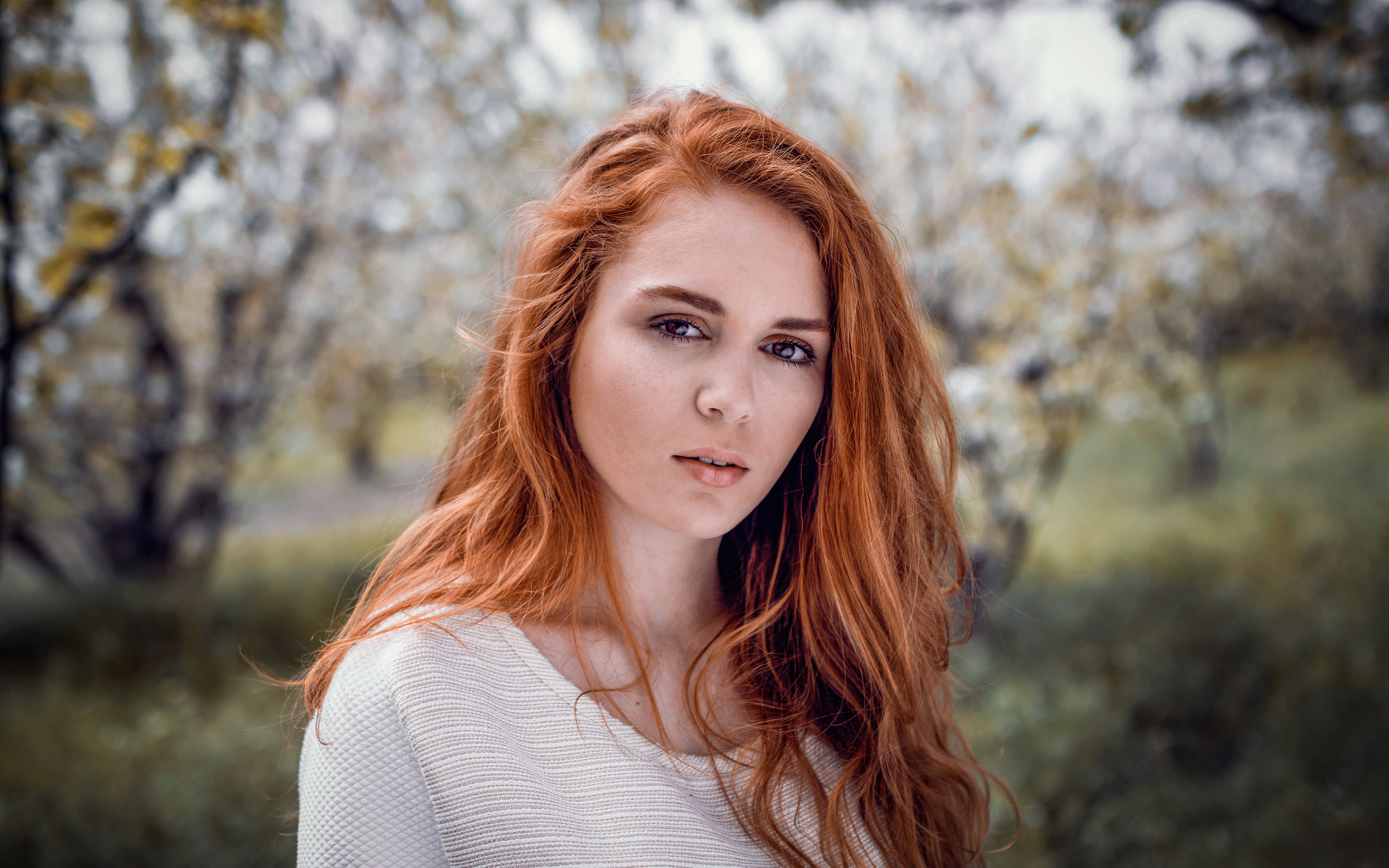 Redhead girl in white sweater outdoors HD Wallpaper